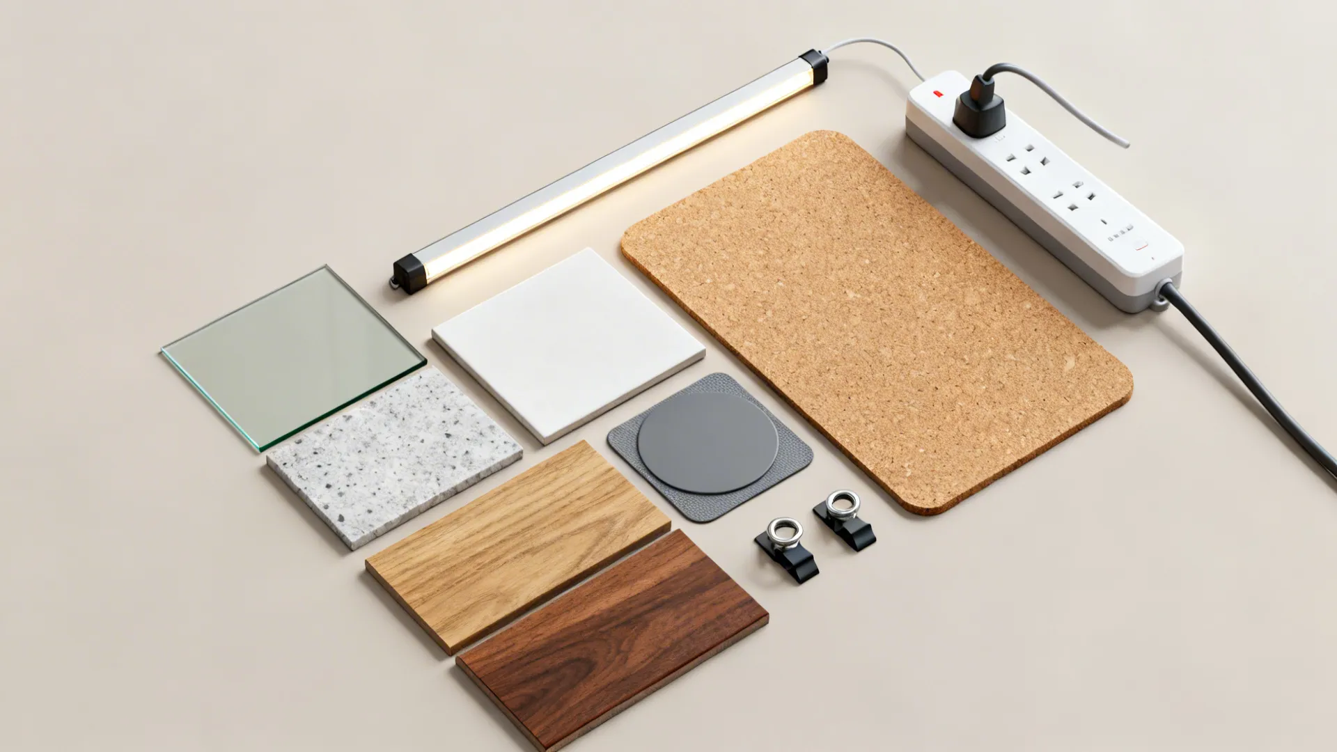 Flat lay of coffee corner materials including glass, quartz, wood finishes, LED strips, and cord accessories.