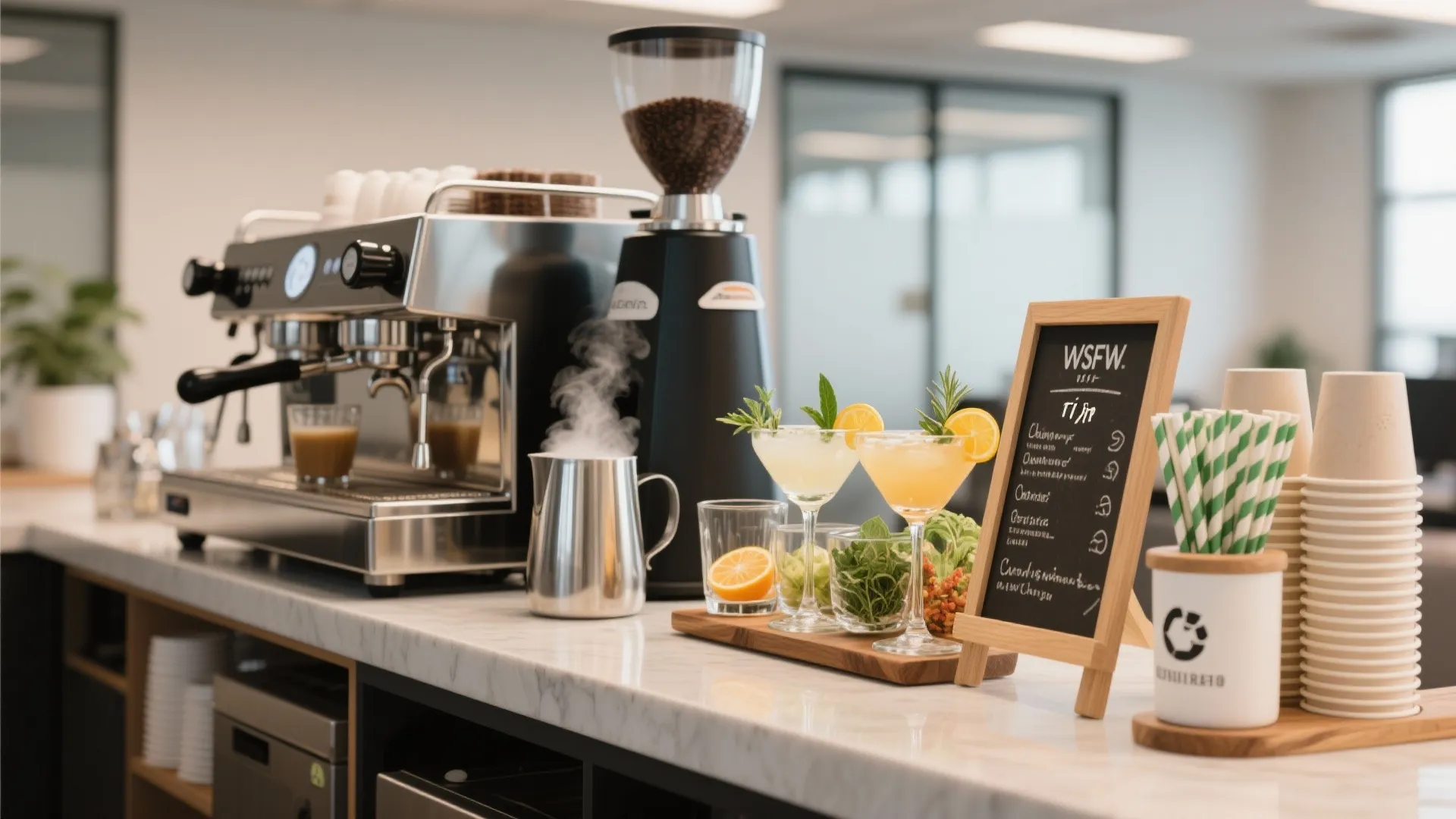 Modern office coffee bar with espresso machine grinder fresh drinks menu board and paper cups