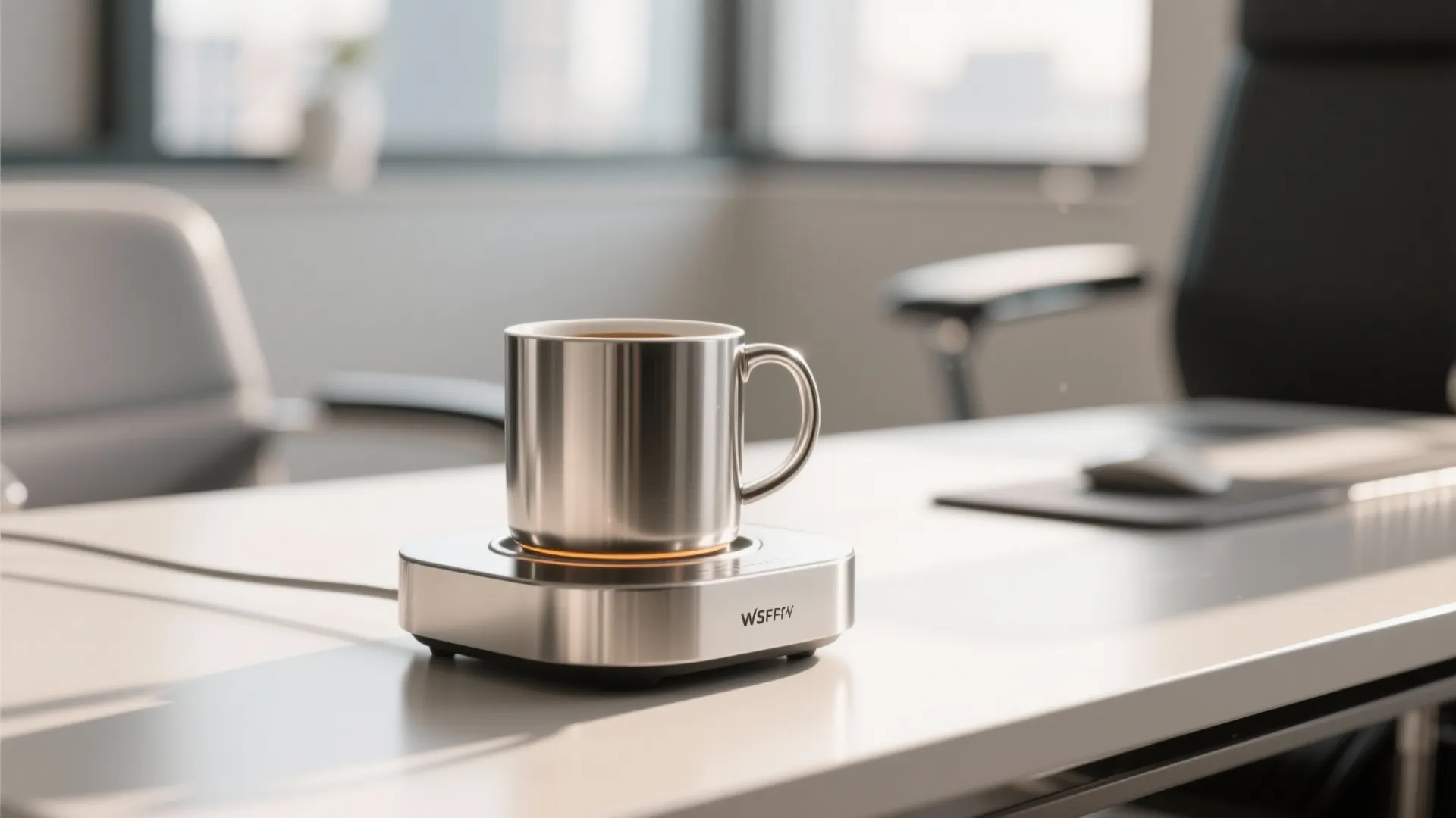 Silver metal coffee mug sitting on a heated electric warmer on a white office desk