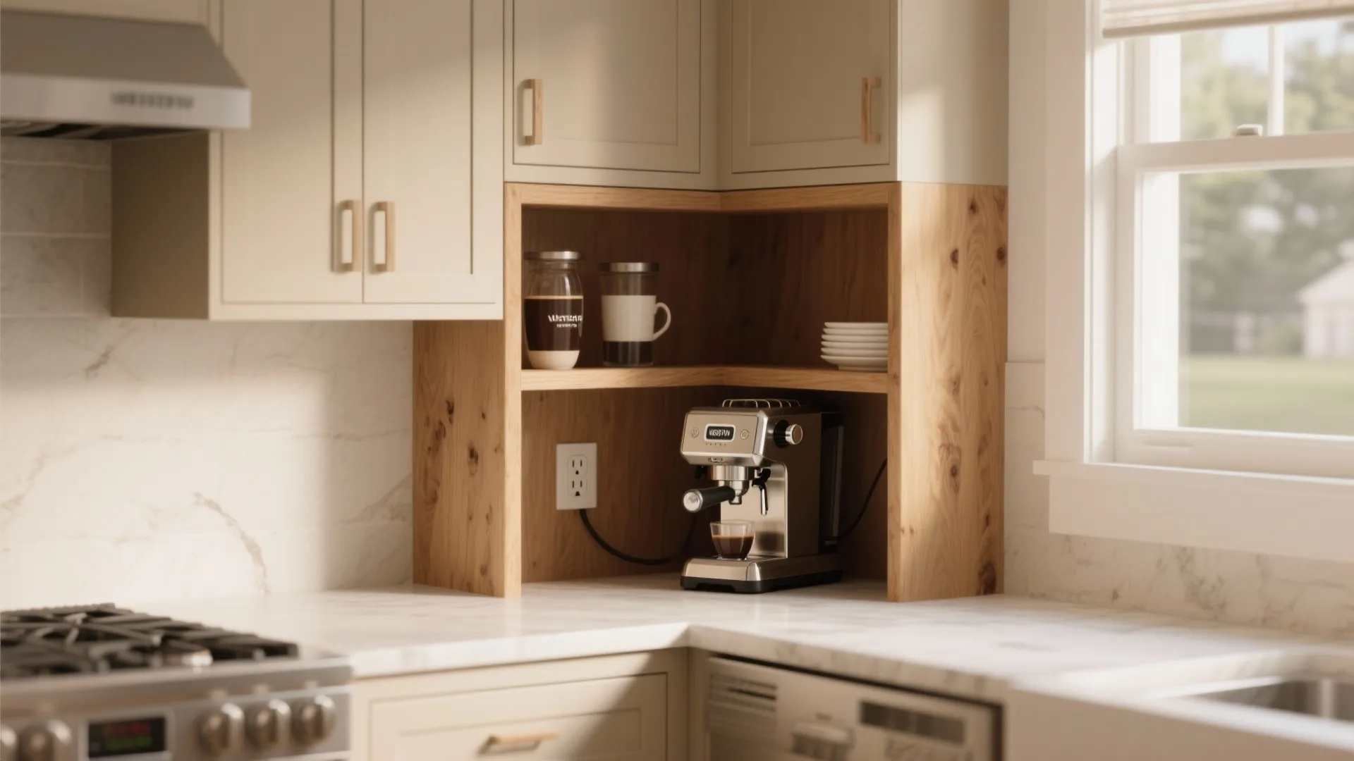 Kitchen corner with a wooden shelf holding a coffee machine and cups near a window