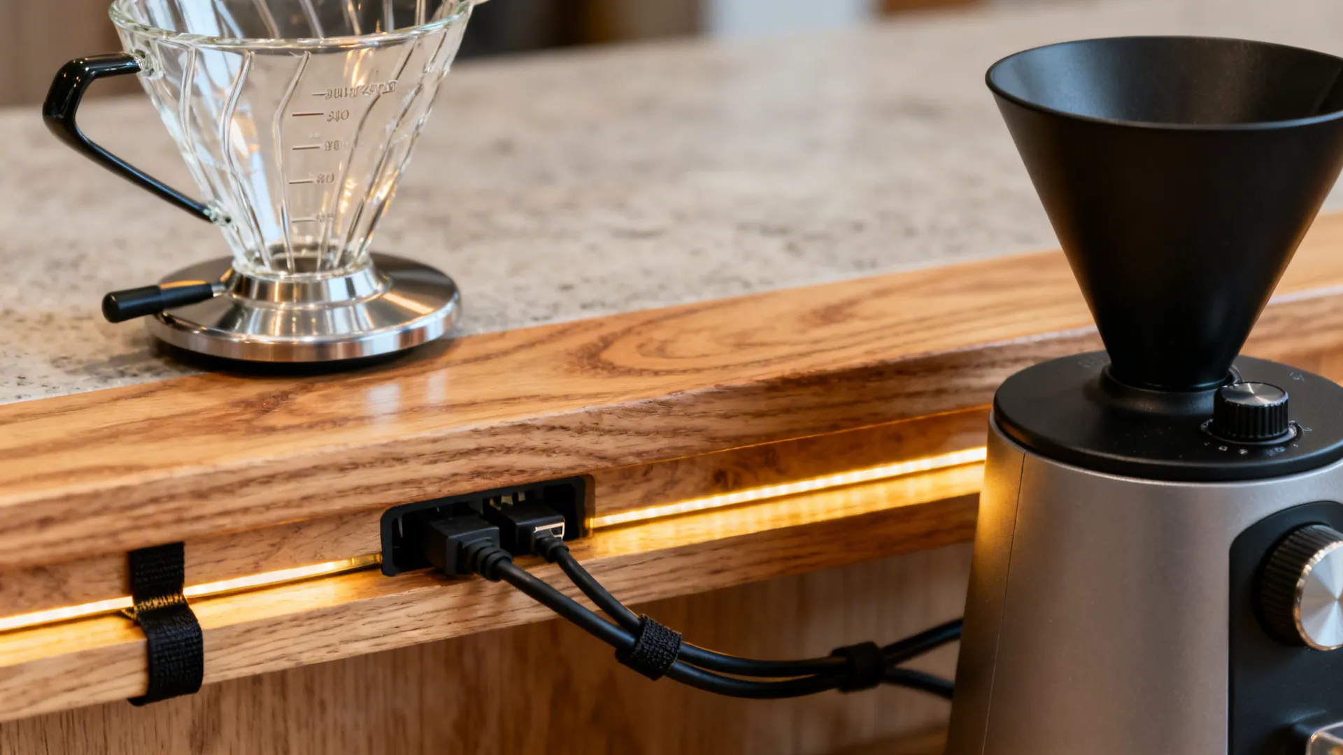 Close-up of a white oak ledge with a cable grommet, LED light, and pour-over setup.
