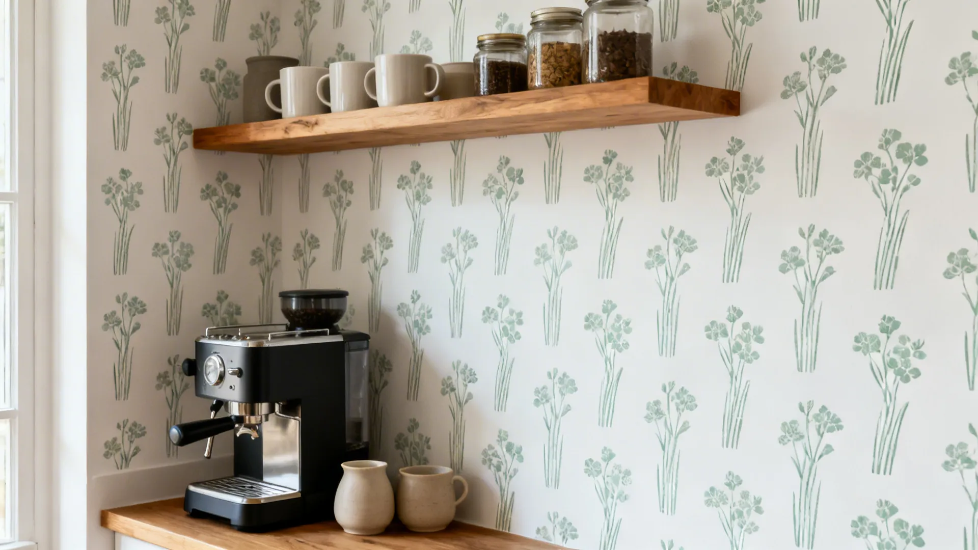 Coffee station with single-tone floral stencil and hand-drawn stems around a floating oak shelf.