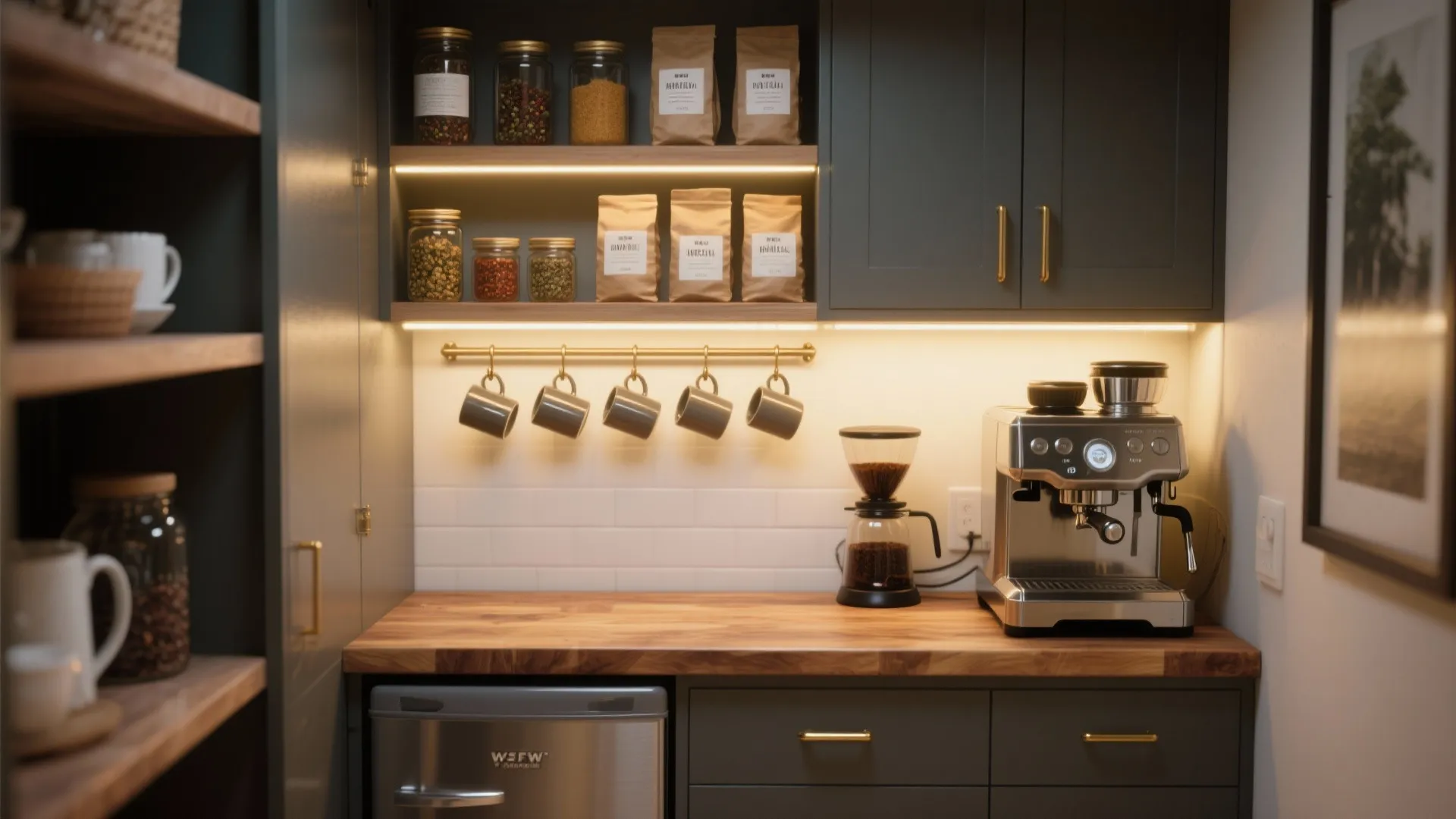Compact beverage station in a pantry with espresso machine, under-shelf lighting, and a mini fridge.