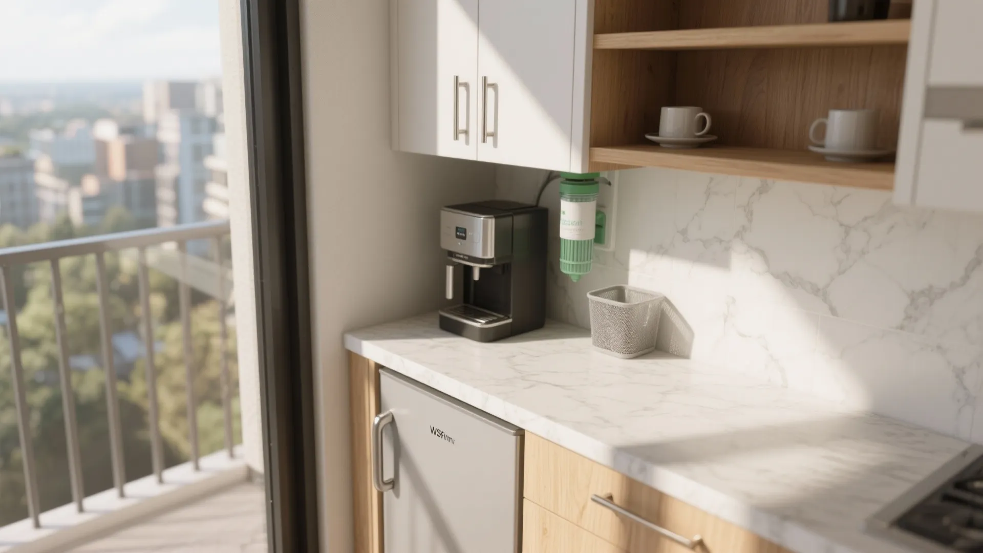 A compact coffee nook beside the balcony