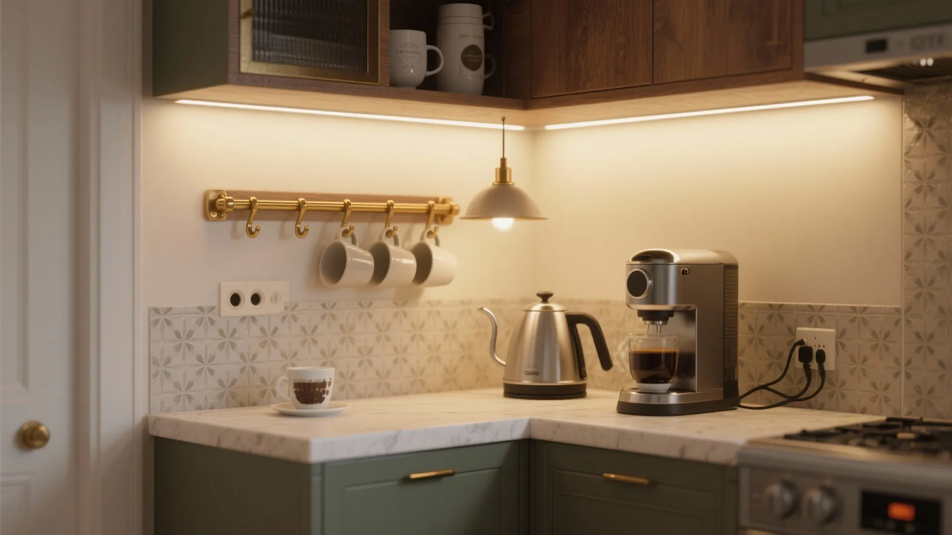 Kitchen coffee corner with green cabinets white marble countertop kettle coffee machine and hanging mugs
