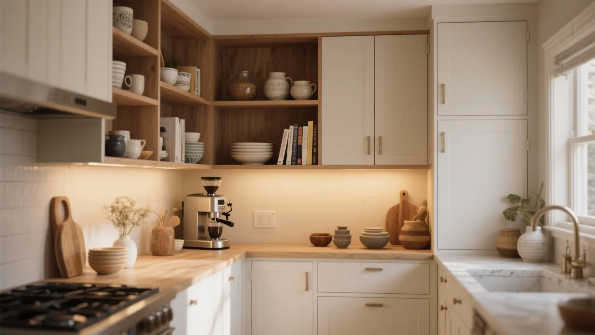 Integrated coffee nook and open shelving within white oak cabinets styled with ceramics and books