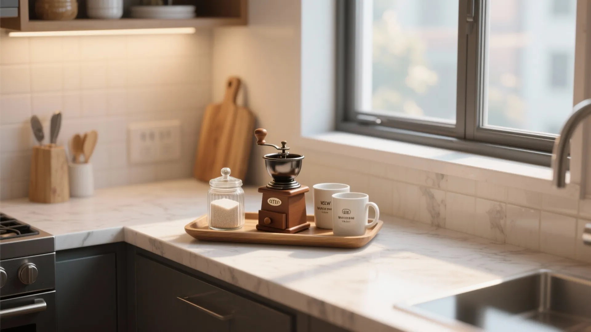 Wooden tray with coffee grinder and white mugs on marble kitchen counter by bright window glass