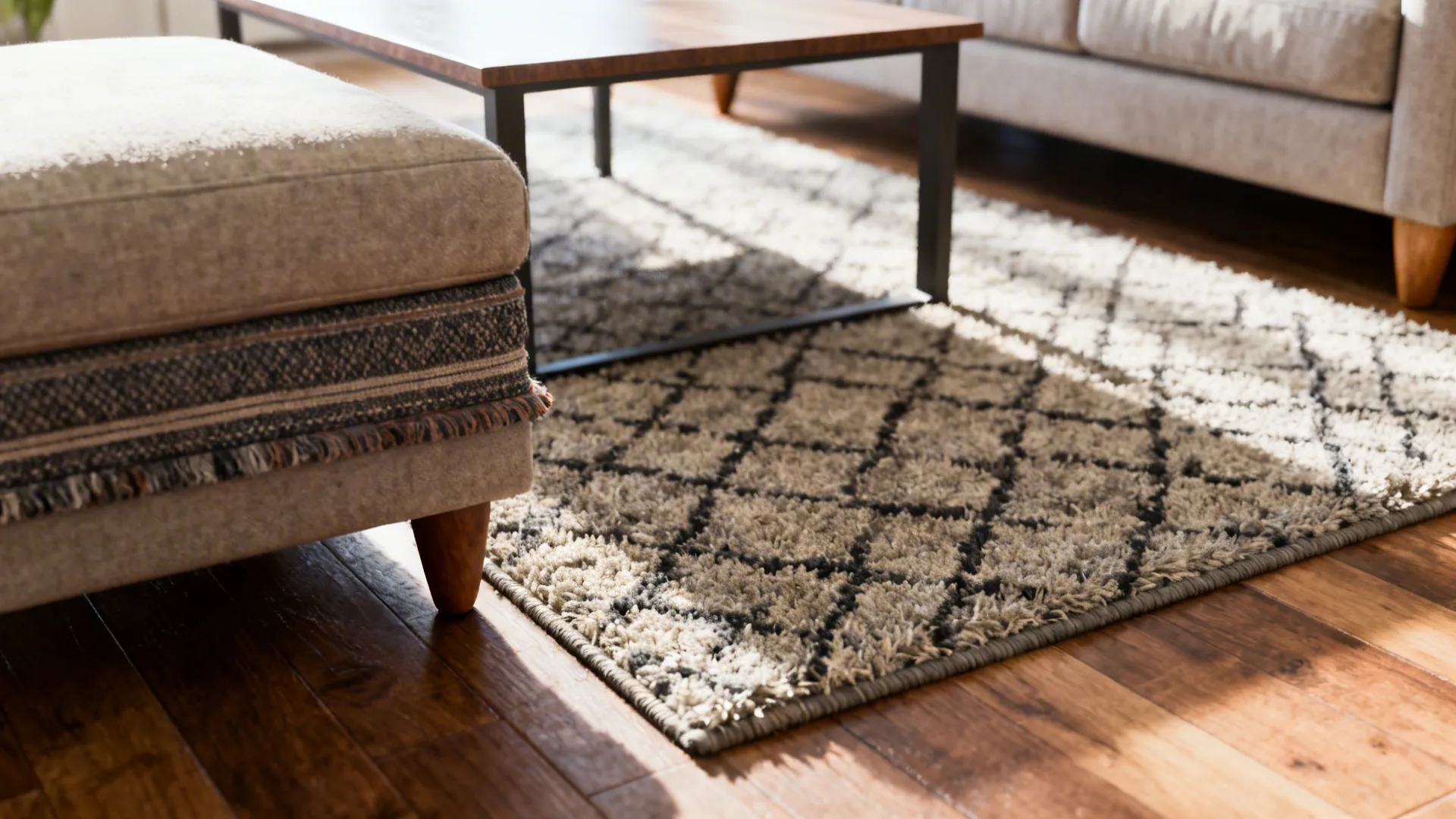 Small rug placed under a coffee table and ottoman, showing texture and contrast in a small living room.