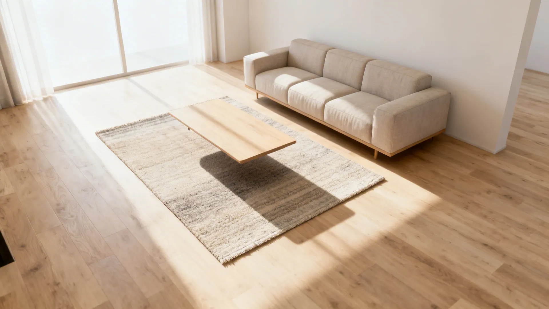 Small living room with a floating rug under the coffee table creating an airy feel