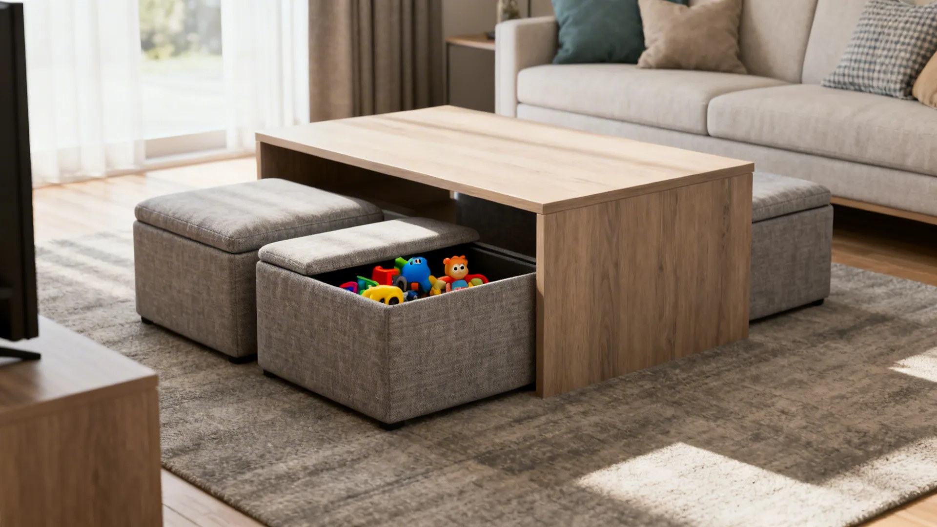 Coffee table paired with storage ottomans providing seating and hidden storage in a compact living room.