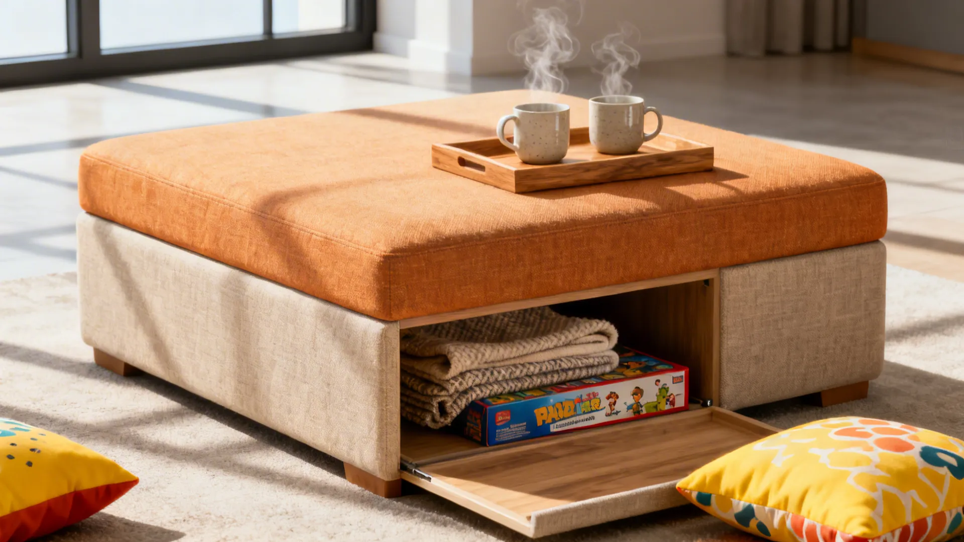 Low ottoman used as coffee table with a wooden tray, throws and board games for storage.