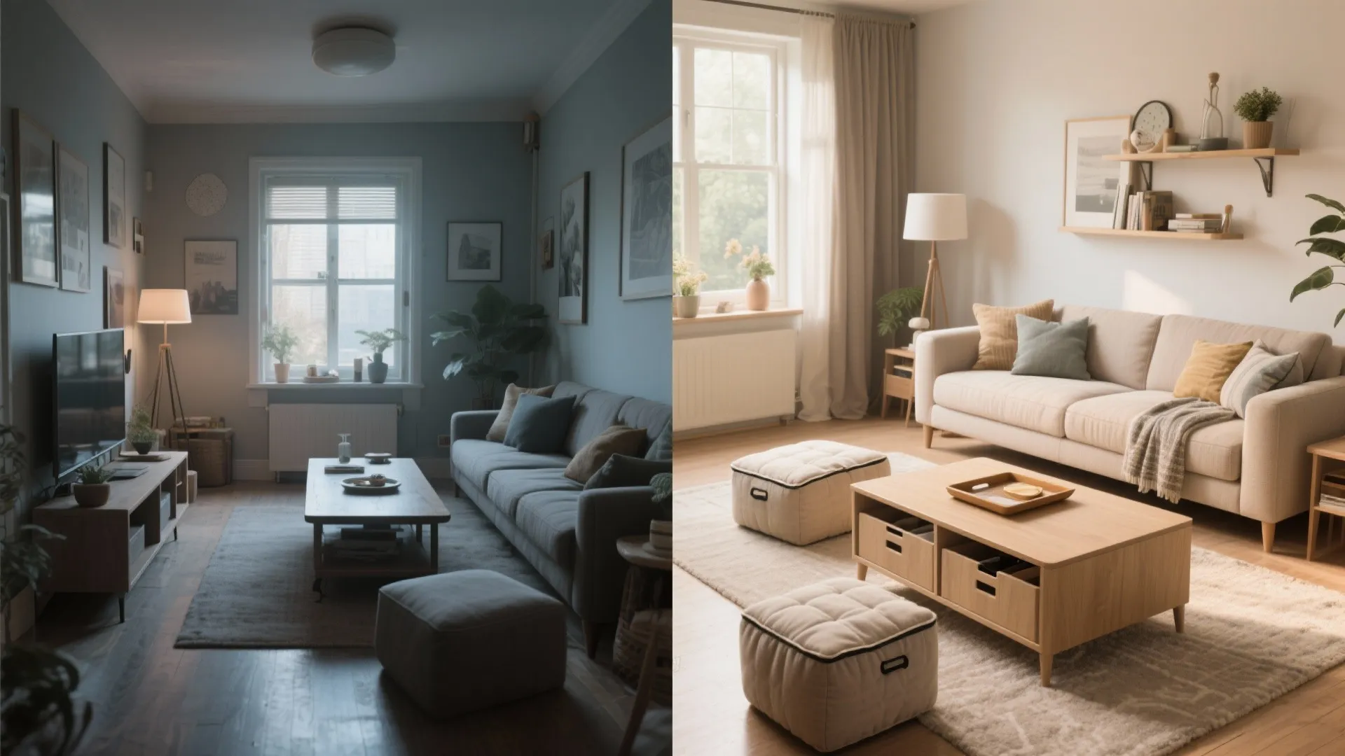 Before and after of a small living room replaced by a low coffee table and two storage ottomans for seating and storage.