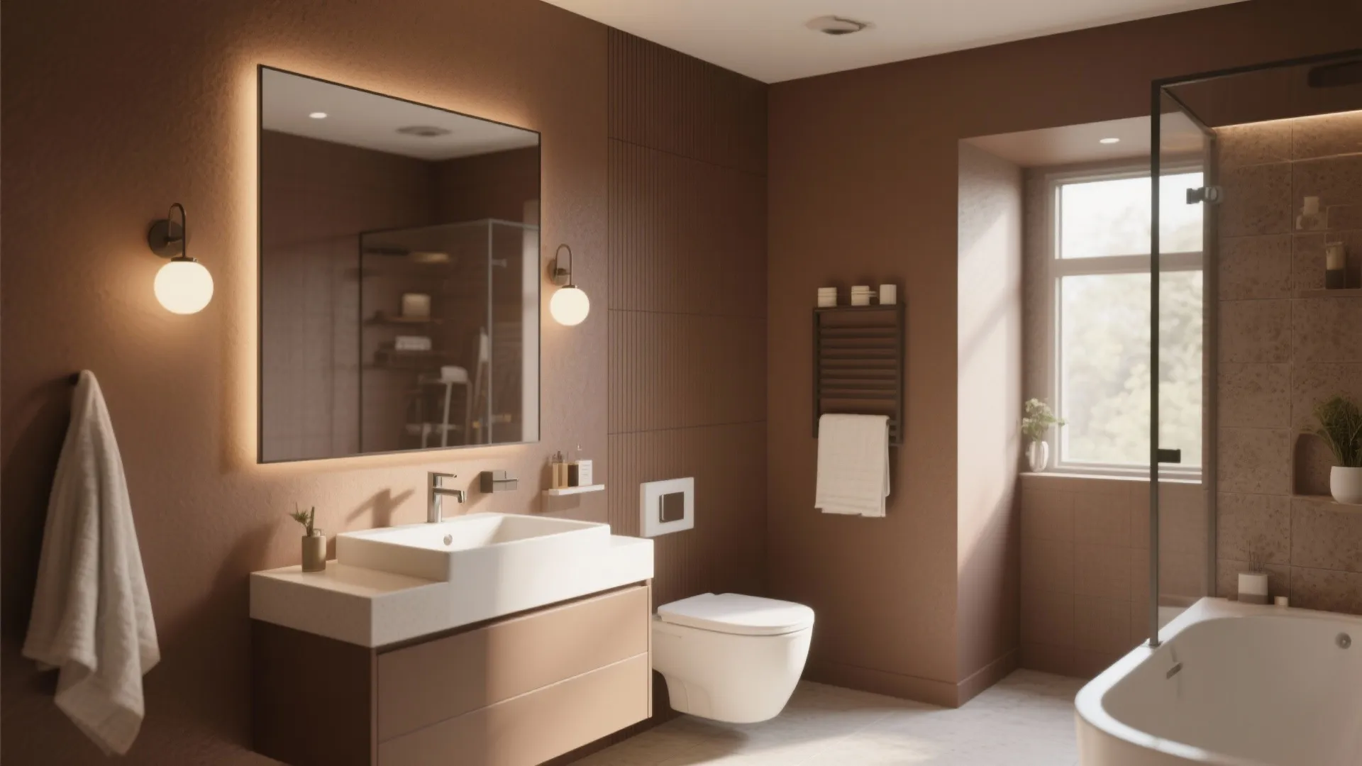 Contemporary brown bathroom with lighted mirror, white sink cabinet, toilet, bathtub, and natural window light