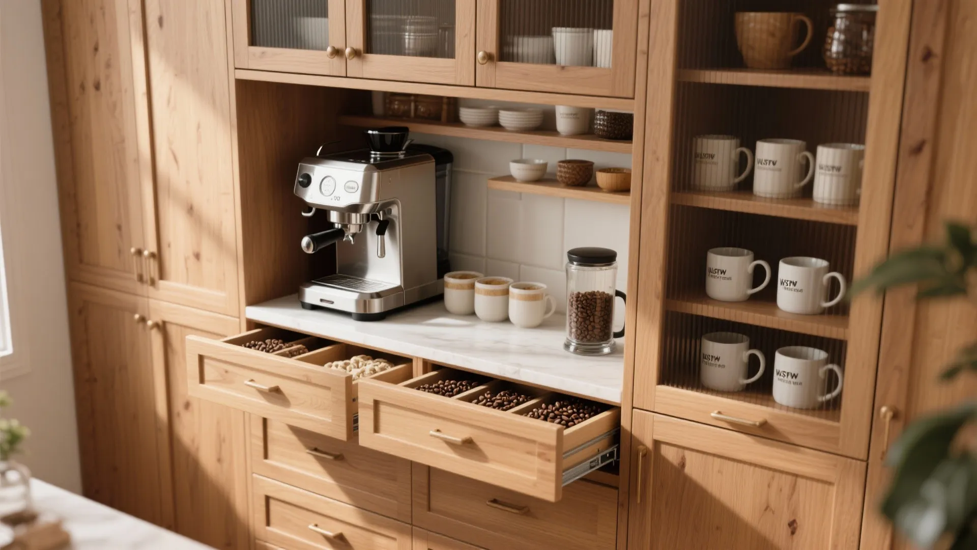 Wooden cabinet for coffee storage with open drawers containing beans and an espresso machine on top