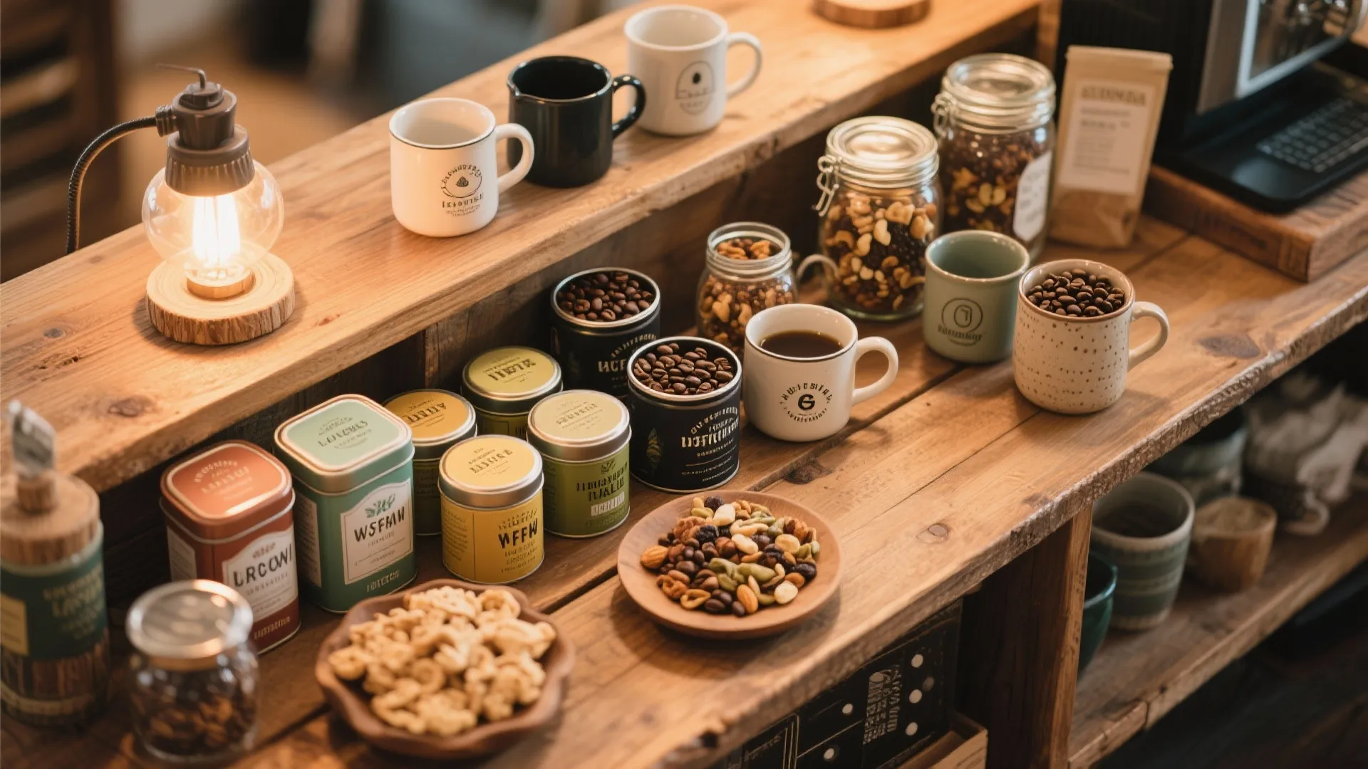 Flatlay of coffee and snack bar with teas, coffee beans, and trail mix