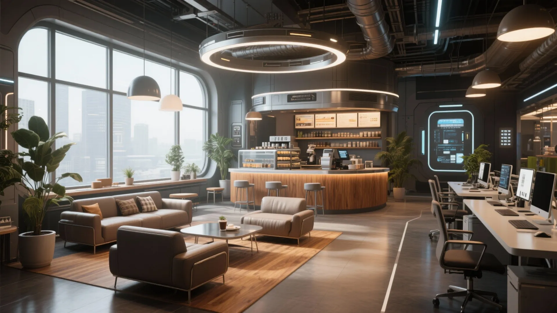 Modern office interior with coffee bar lounge area soft sofas ceiling lights and large windows