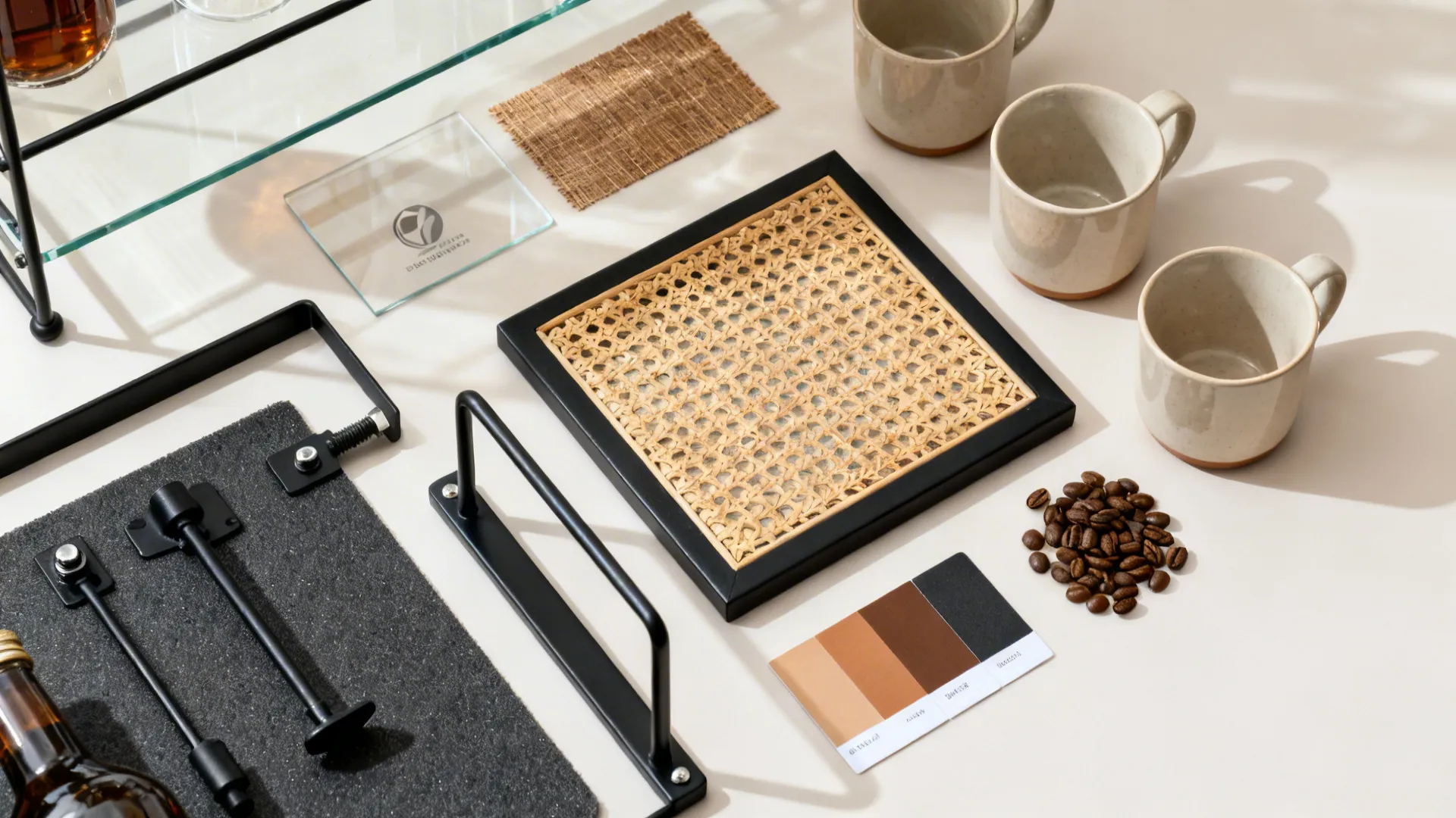 Flat lay display with three beige mugs woven tray coffee beans color swatches and handles