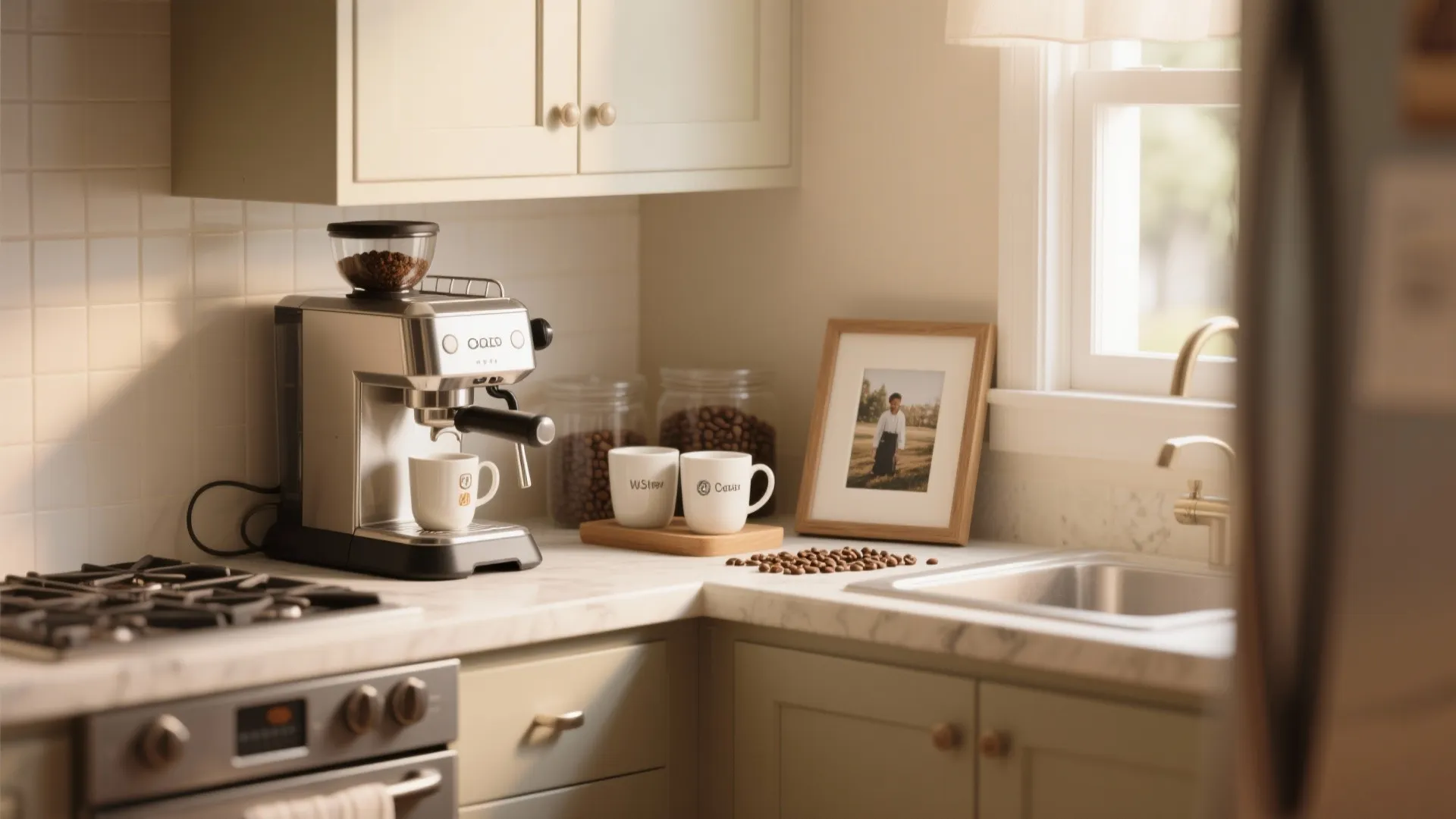 Cozy coffee station on marble countertop with espresso machine mugs and jars of coffee beans