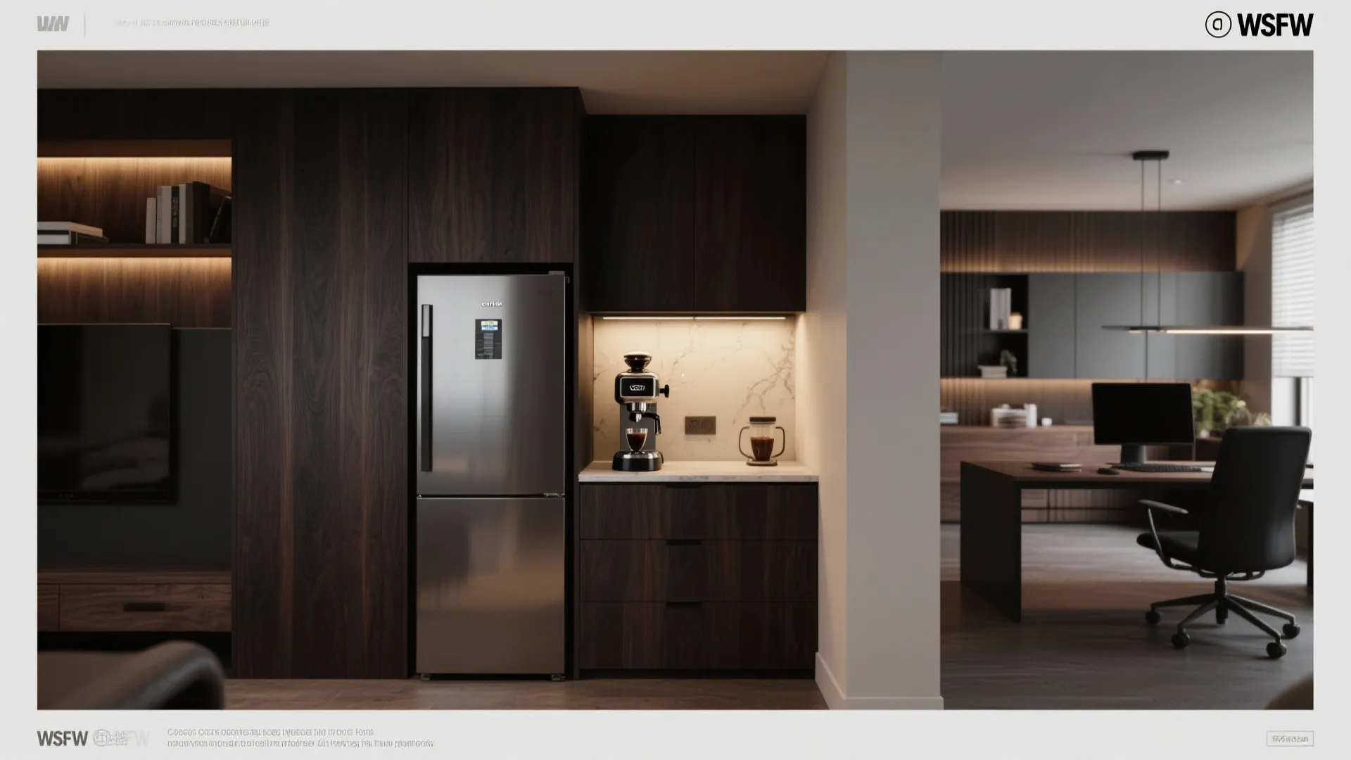 Dark wood kitchen cabinet area with silver fridge coffee machine and view of office desk