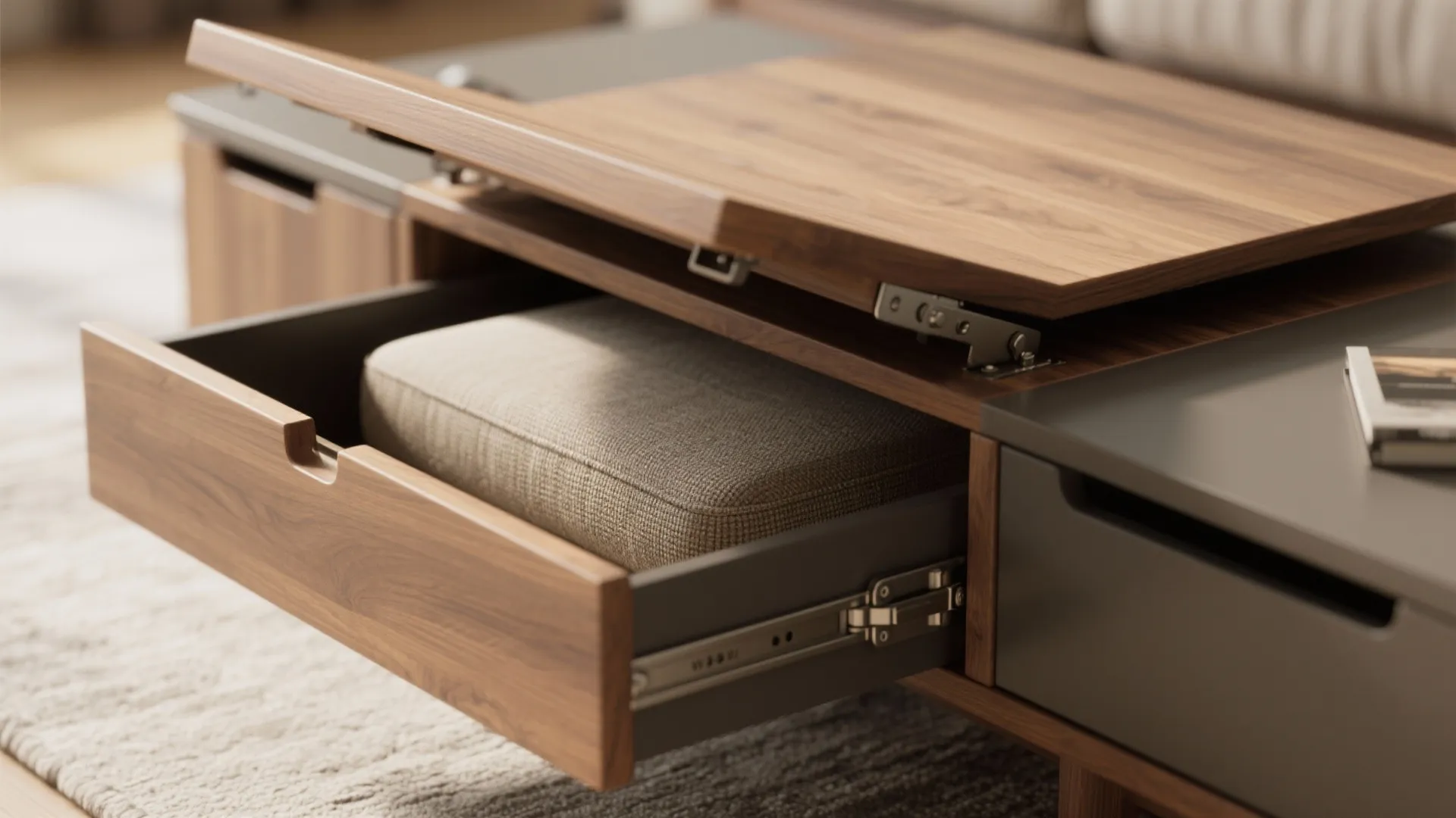 Close-up of a lift-top coffee table revealing internal storage and an ottoman with hidden compartment.