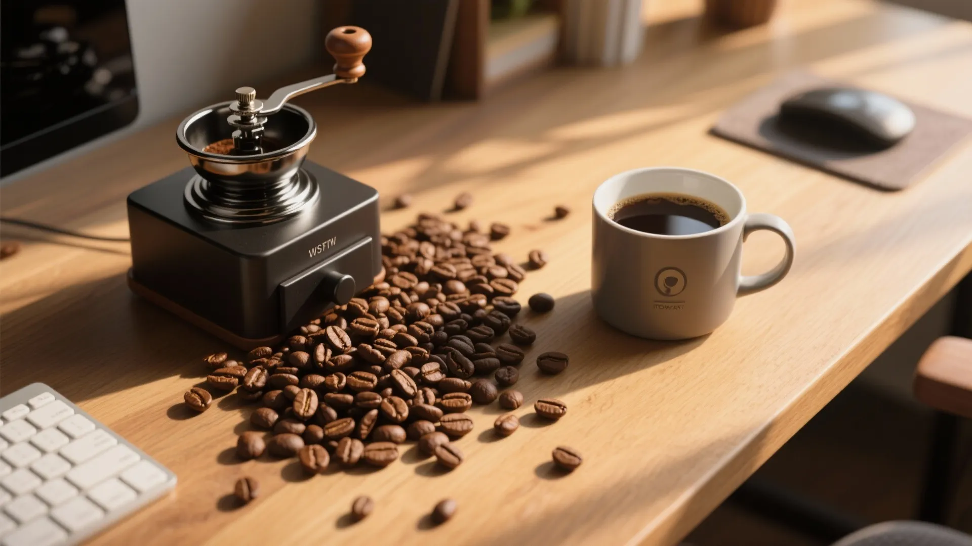 Flat lay of coffee beans, grinder, and mug on wooden desk