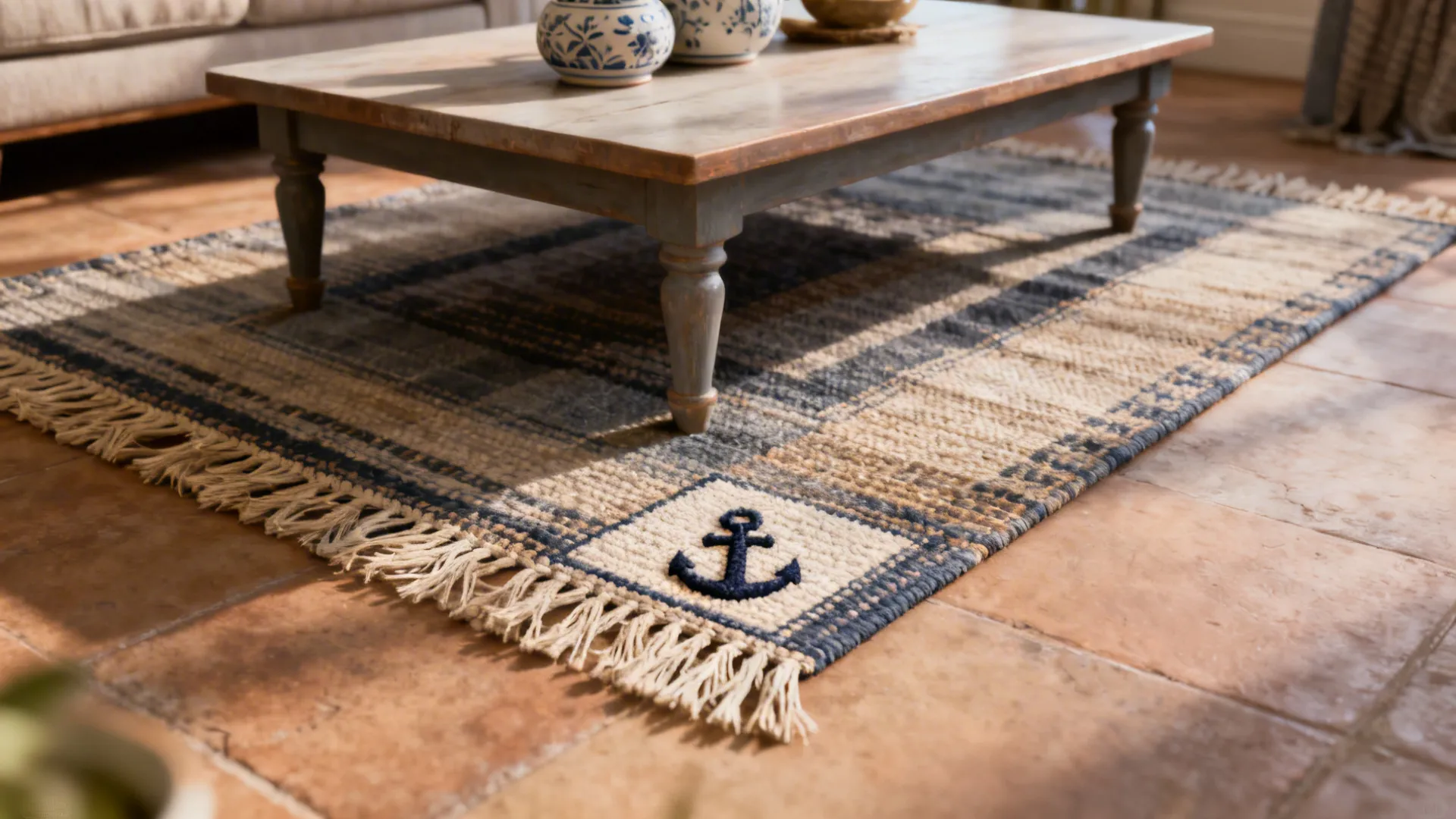 Coffee table on a small rug anchoring the seating visually while keeping floor open