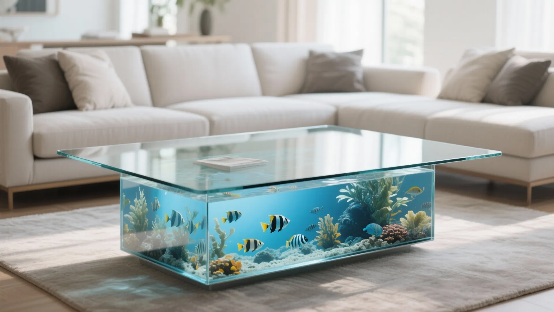 Modern glass coffee table with integrated aquarium in living room