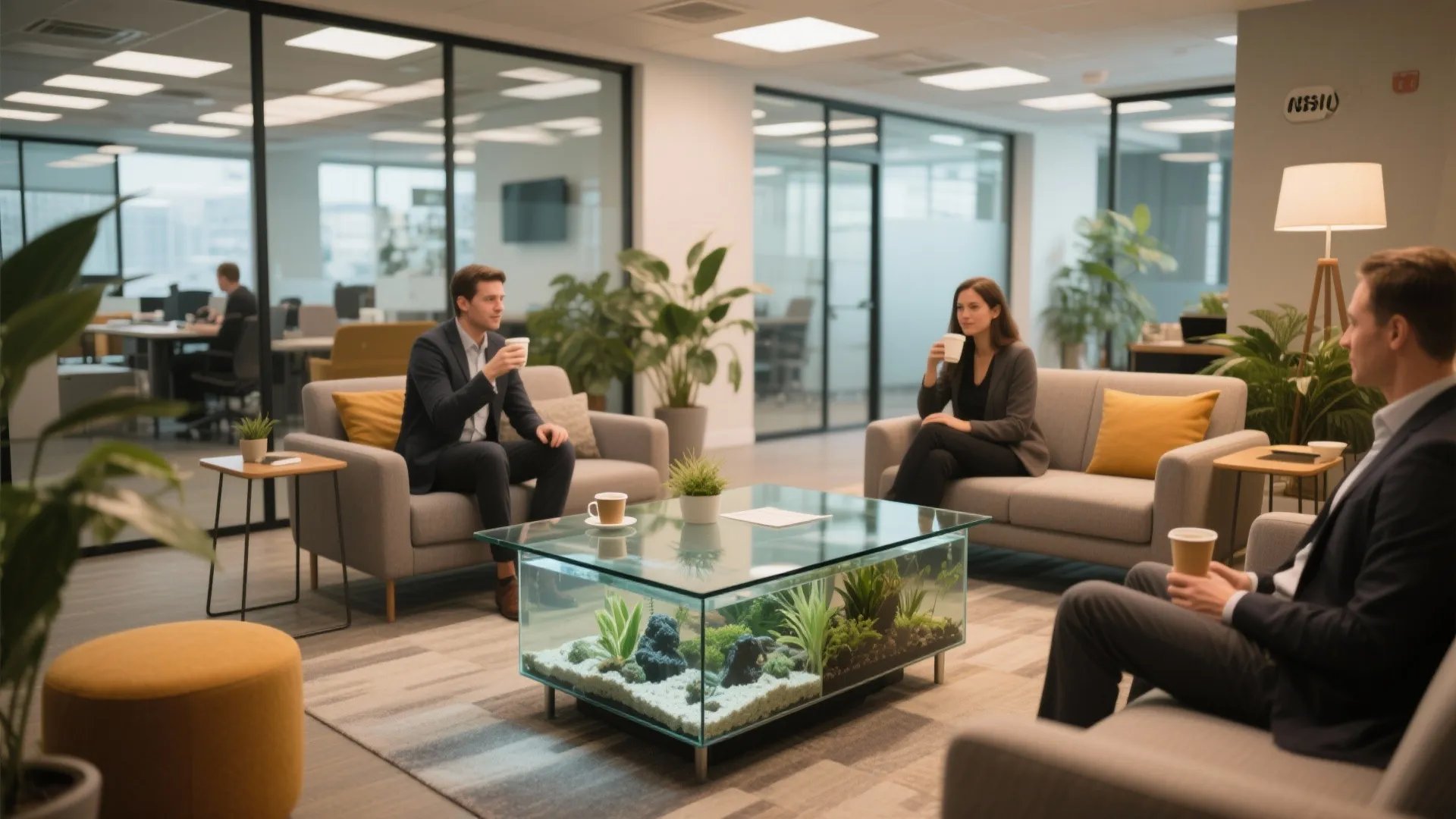 Modern office lounge area with gray sofas yellow cushions and glass coffee table with aquarium
