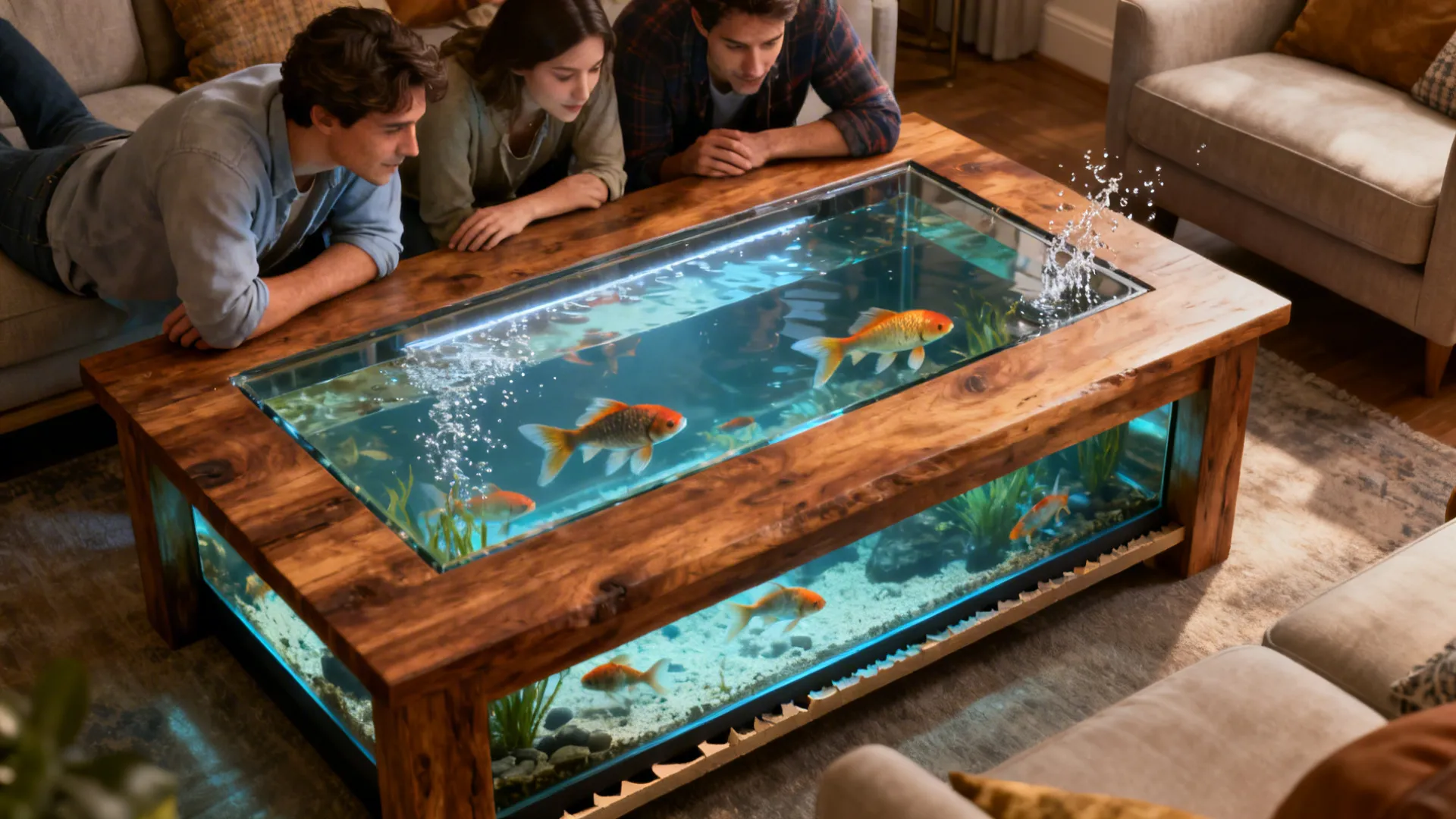 Inset aquarium coffee table with guests leaning in, showing waterproof construction and immersive seating.