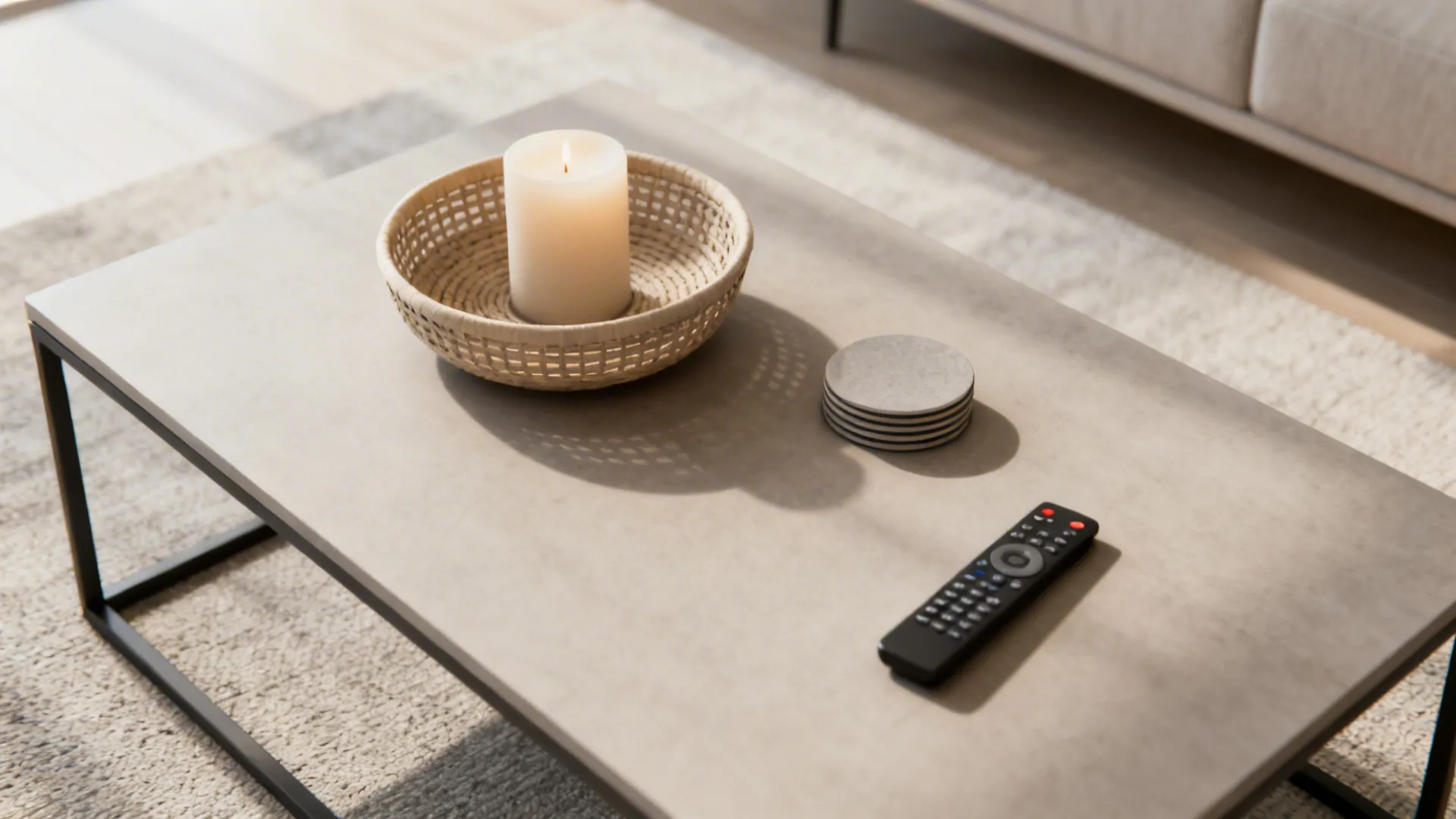 Top-down view of a shallow round basket on a coffee table holding a candle, coasters, and a remote.