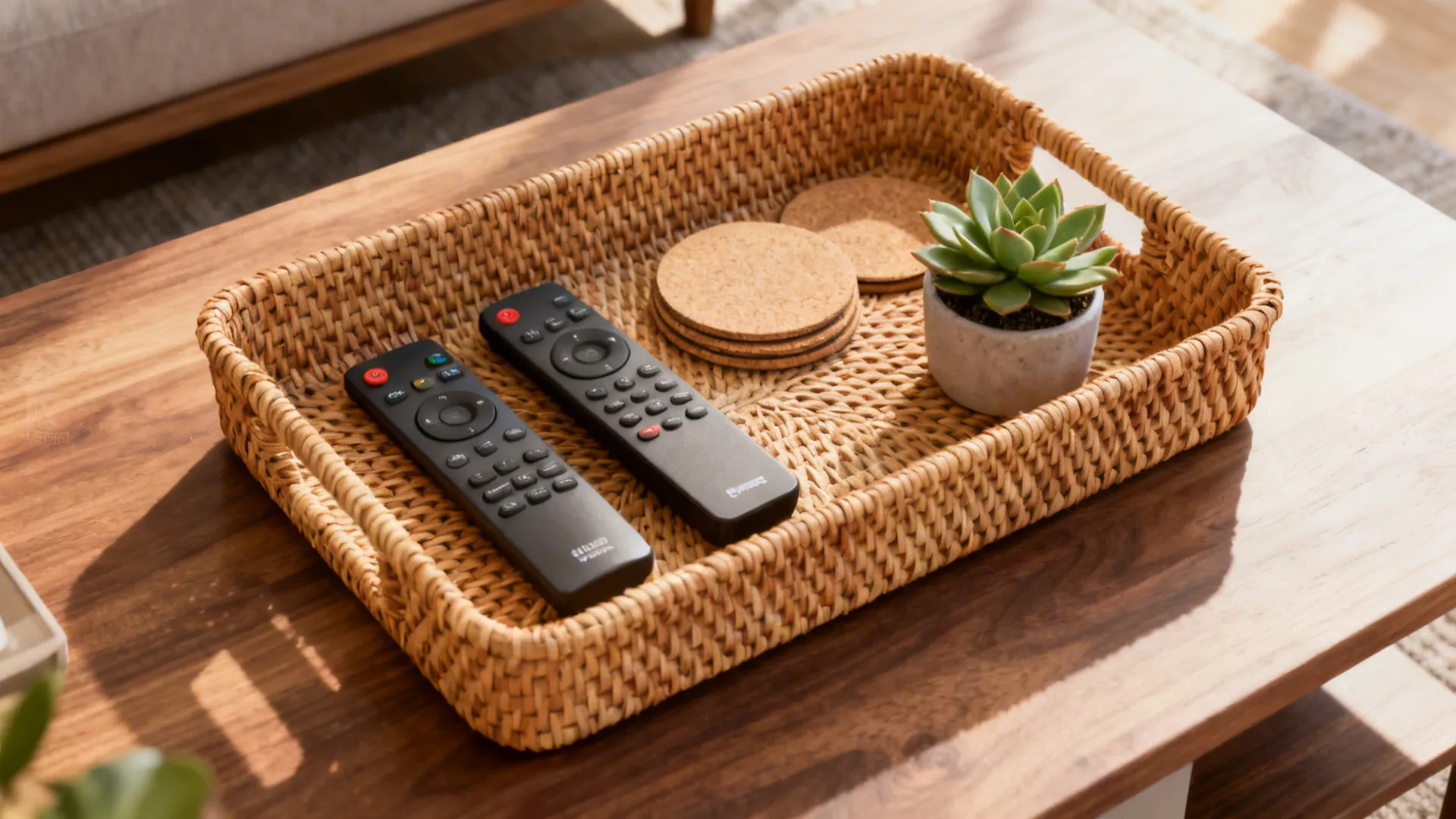 Rectangular woven tray on wood coffee table holding two remote controls coasters and small plant