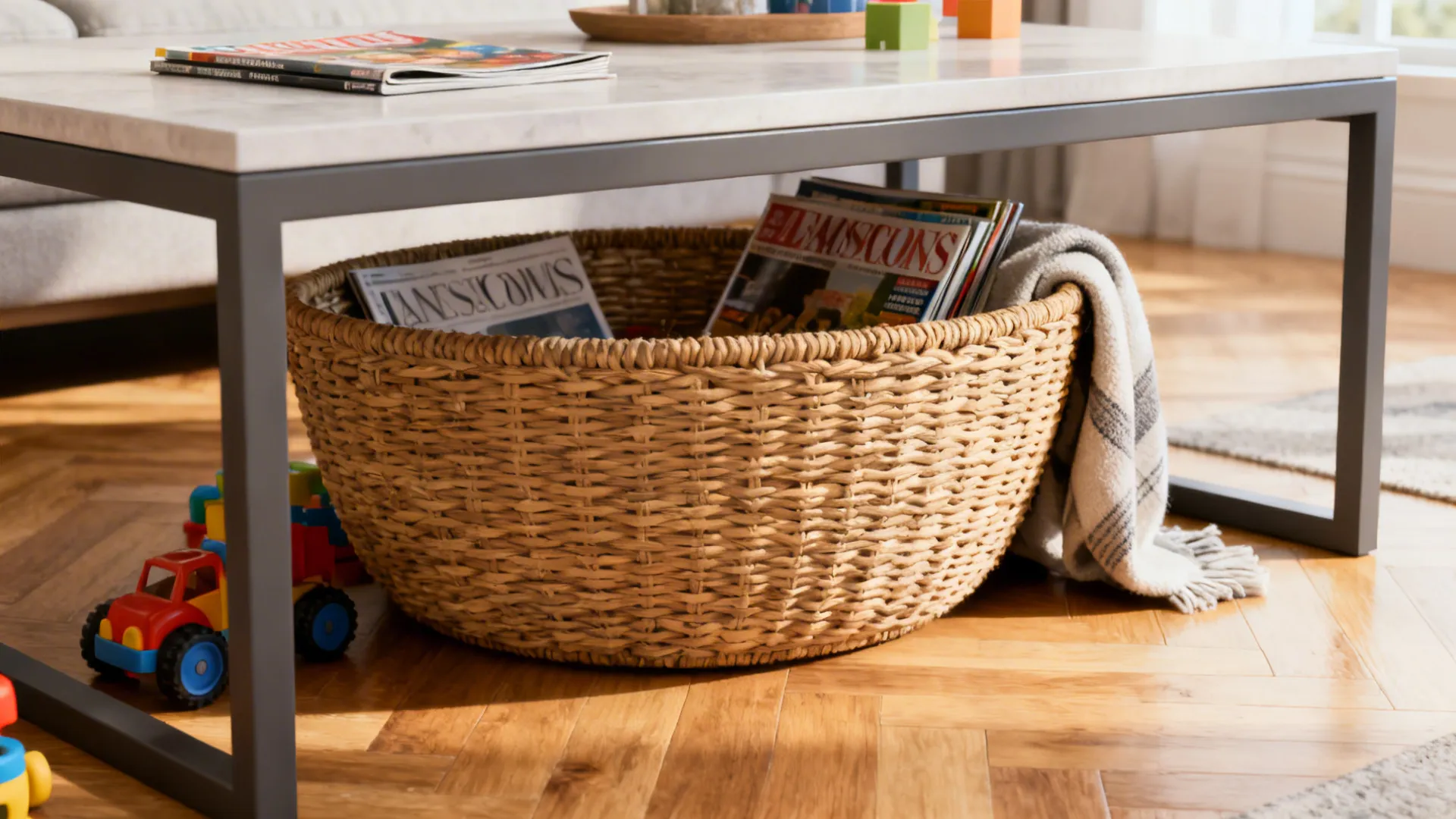 Low wide woven basket under a coffee table storing magazines and a throw in a family living room.