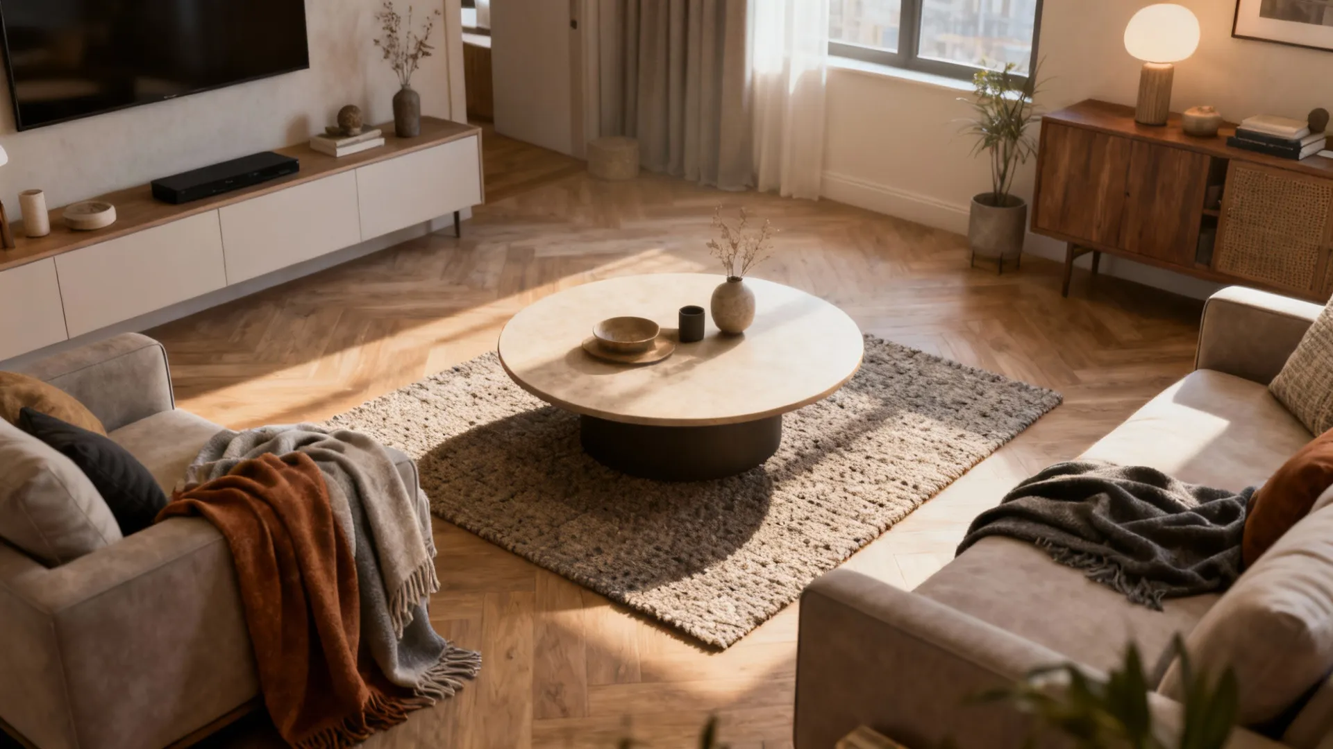 Modern living room with round wooden coffee table, grey sofas, blankets, and patterned wood floor