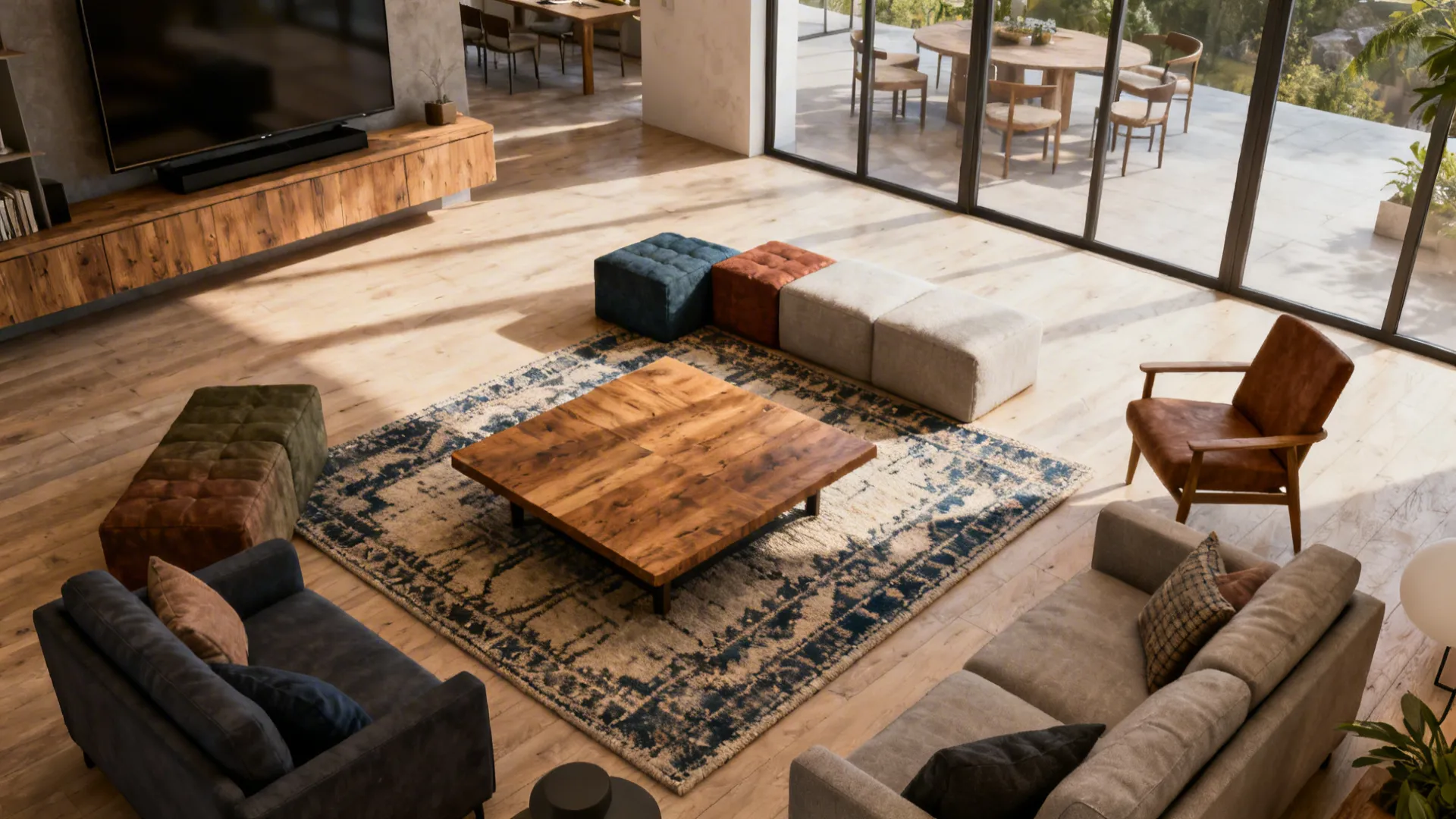 Living room with wooden coffee table on patterned rug near sofas and several colorful footrests