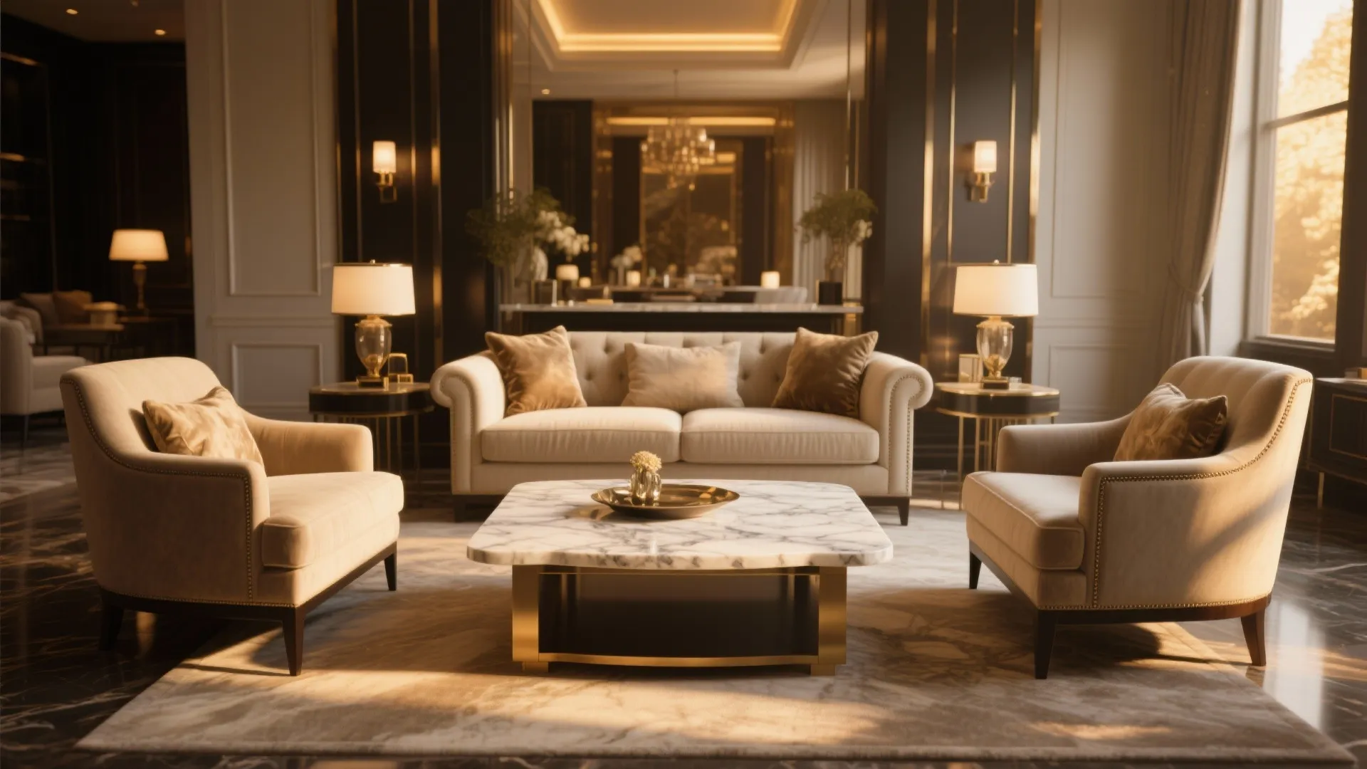 Four chairs surrounding a marble coffee table