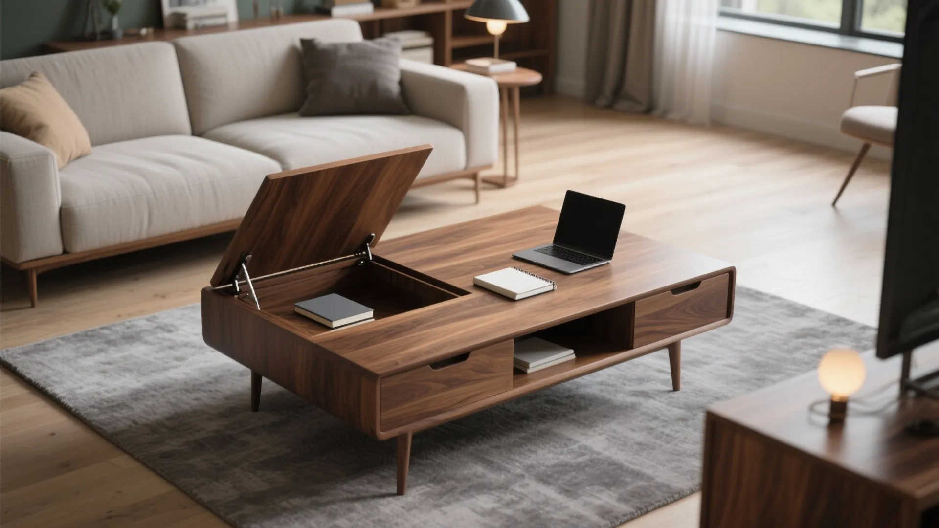 Functional wooden coffee table with a lift top used as a desk in living room