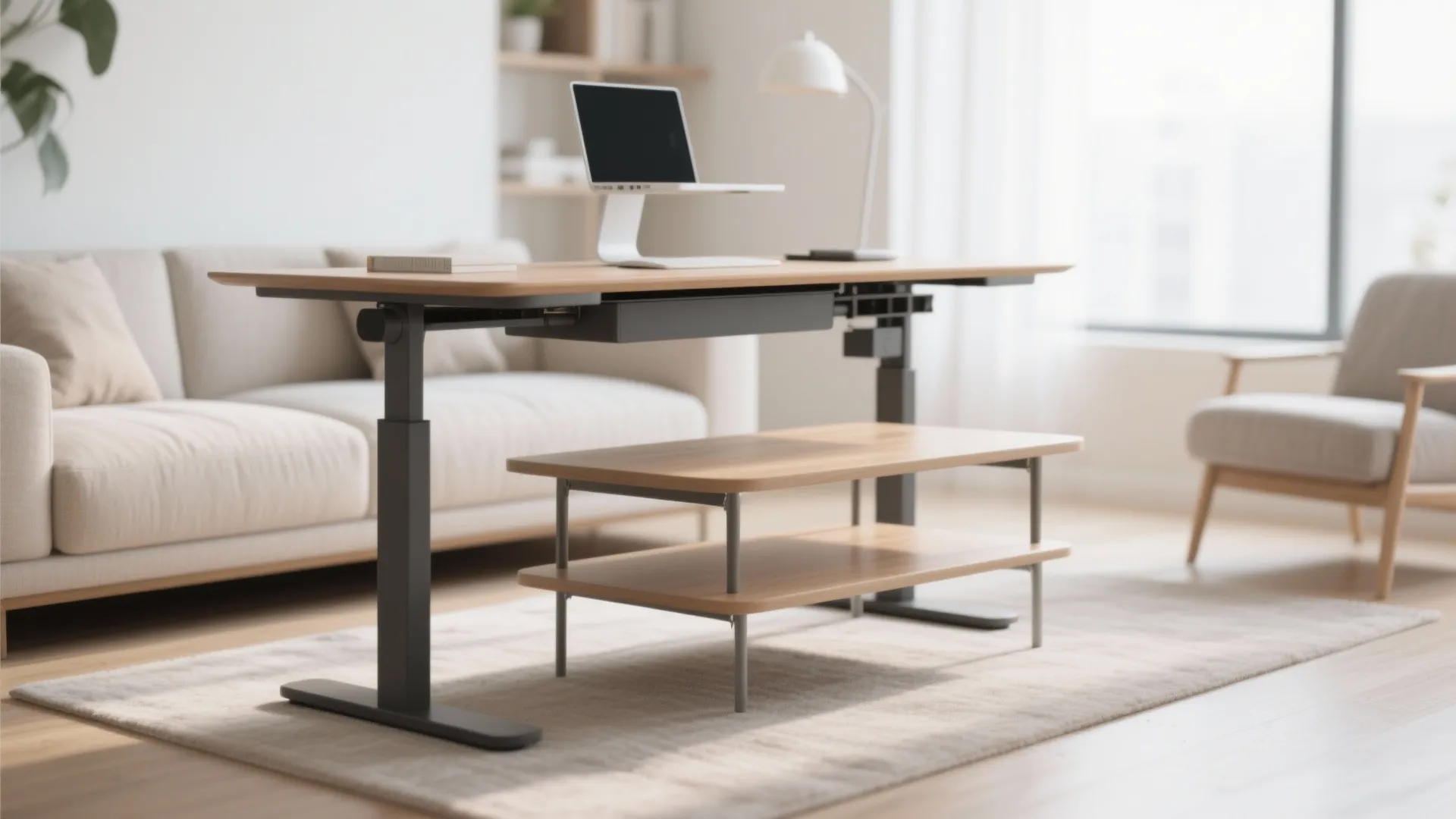 Adjustable coffee table lifted to desk height in living room