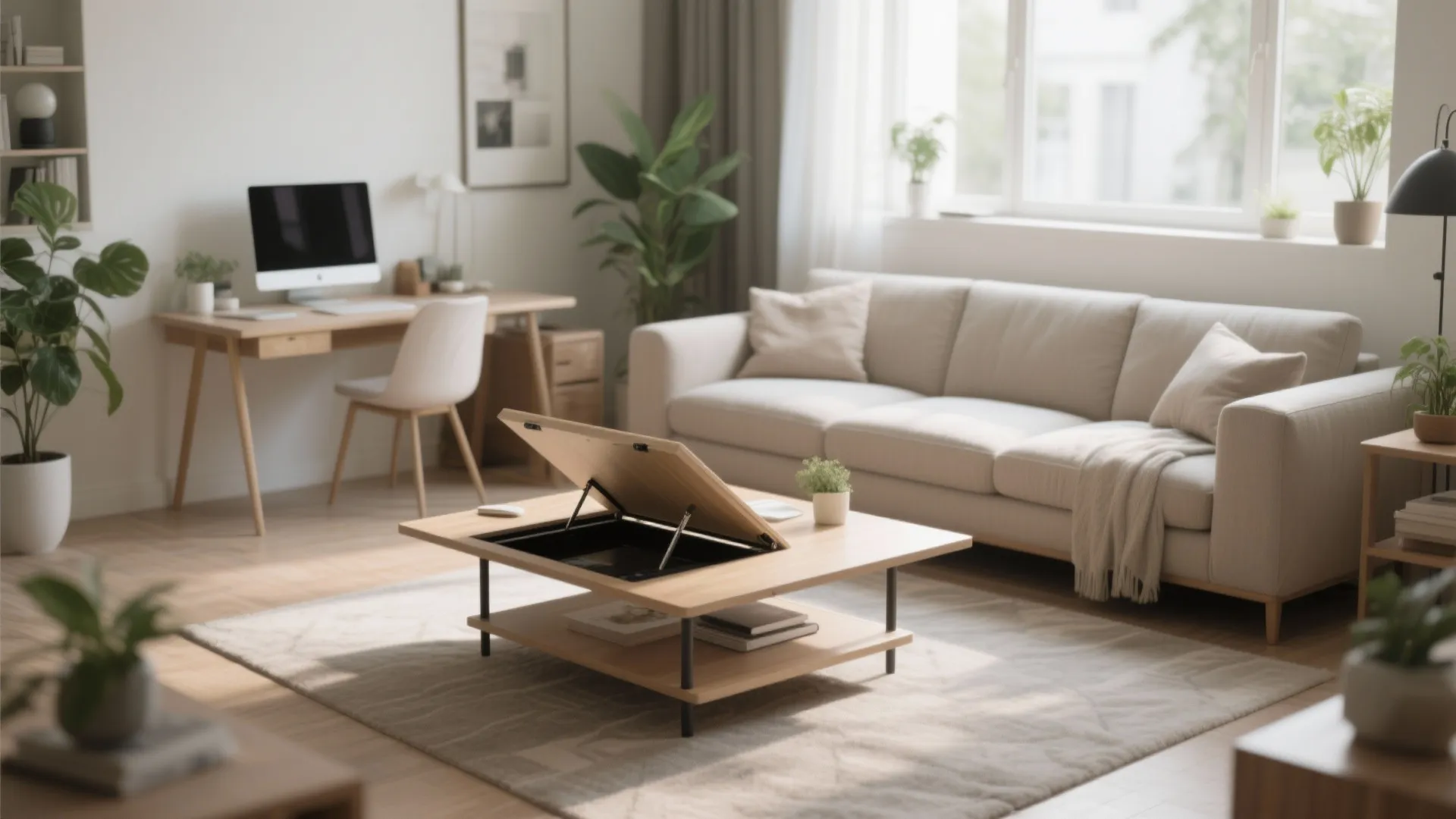 Modern bright living room with cream sofa wood lift top coffee table and home office desk