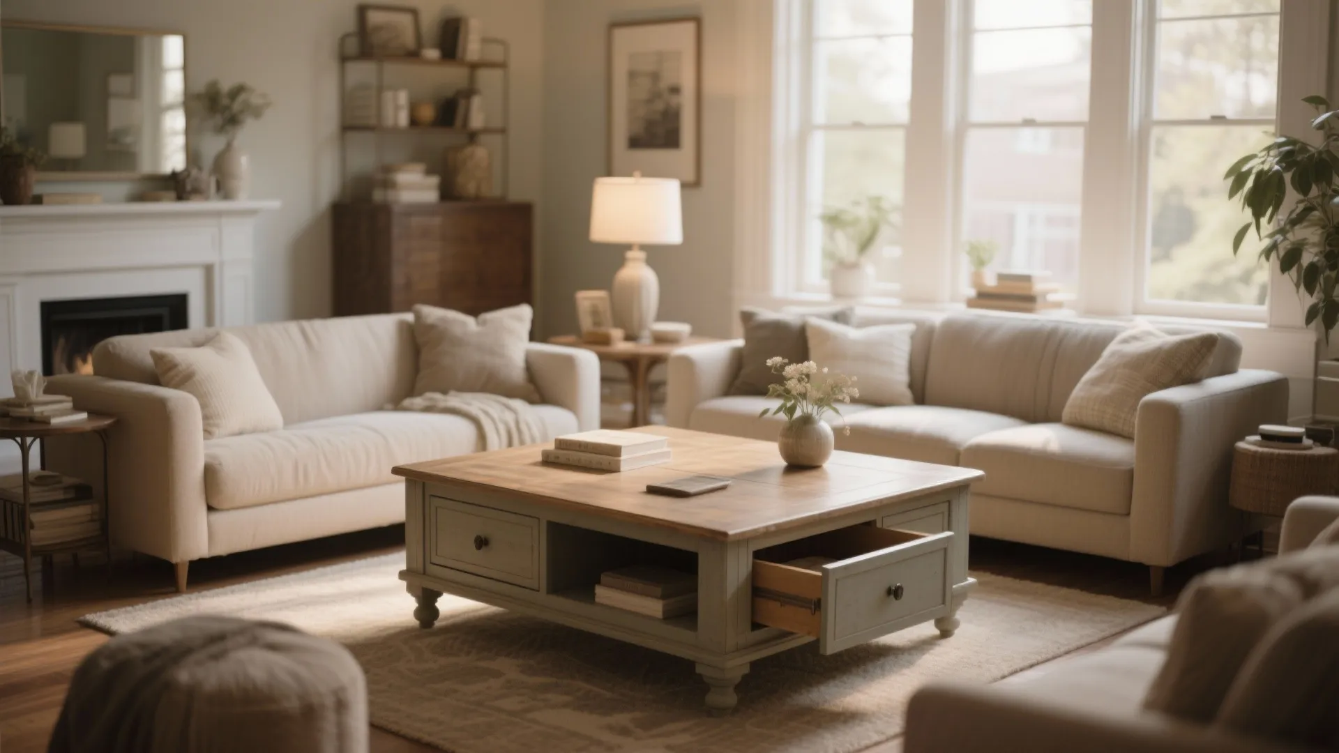 Classic wooden coffee table with open drawers and storage space in a bright living room