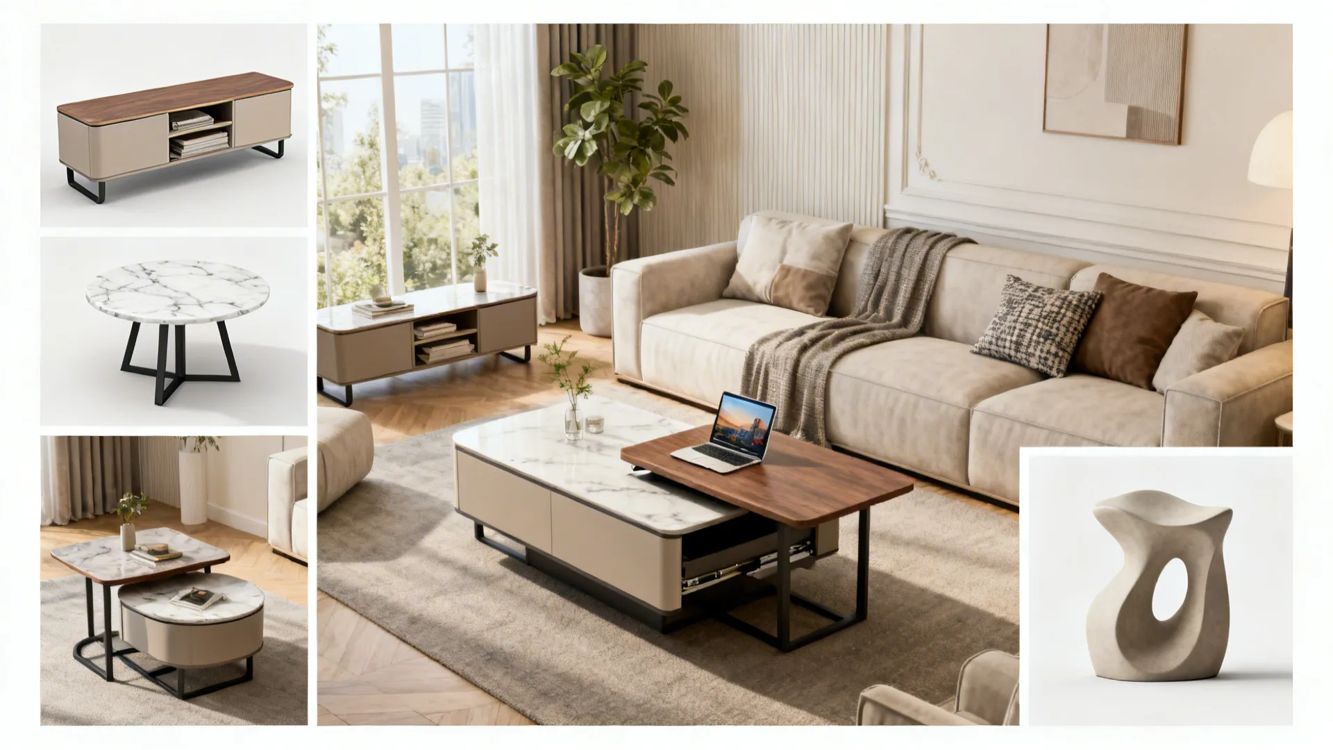 Modern living room furniture collection including coffee table with laptop and beige sofa with pillows