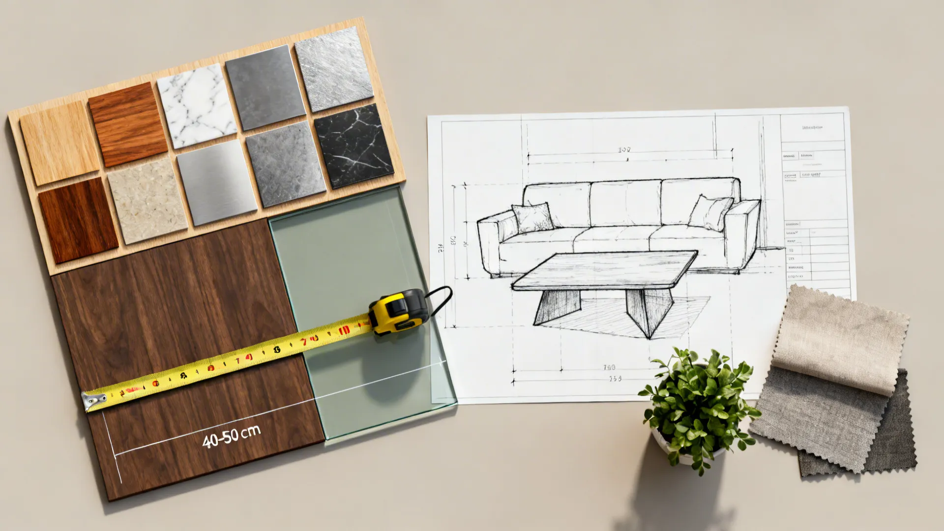 Flatlay of material swatches, tape measure, and layout sketch for sizing coffee tables