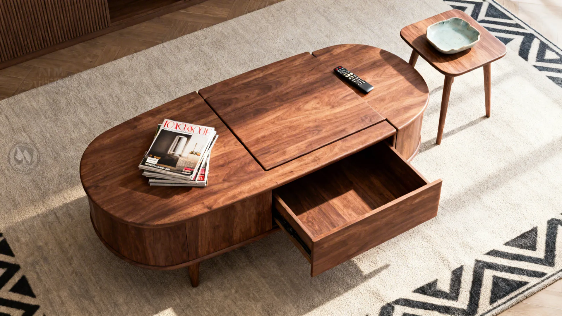 Top-down view of a walnut lift-top coffee table with hidden storage and decorative items.