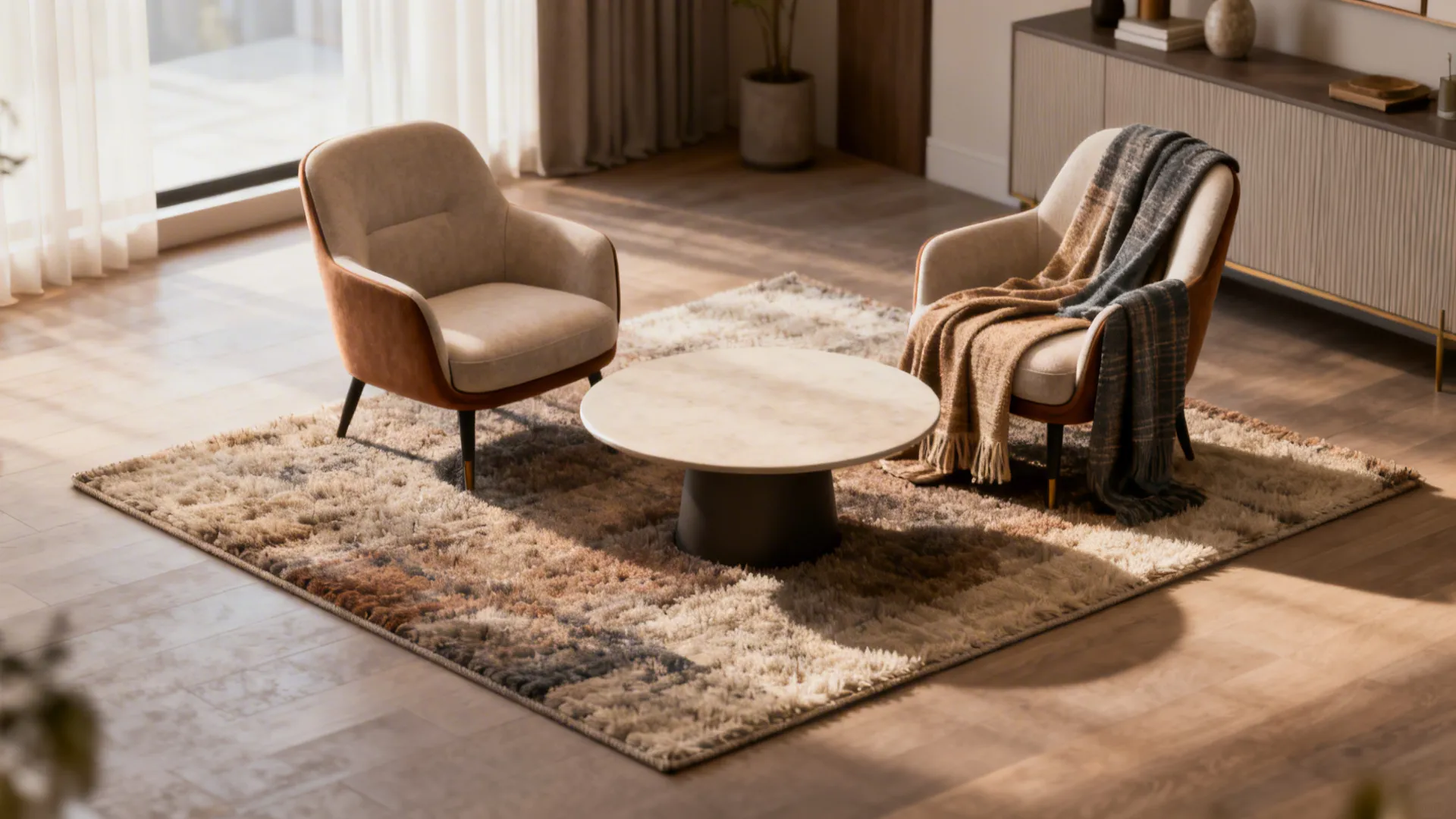 Two cozy armchairs facing each other over round coffee table on soft fluffy textured rug