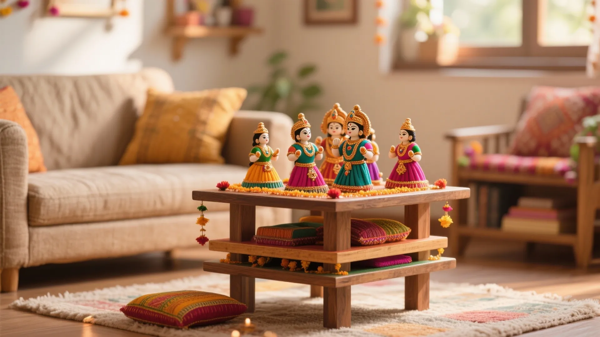 Small wooden coffee table with several colorful dolls placed on top in a bright living room