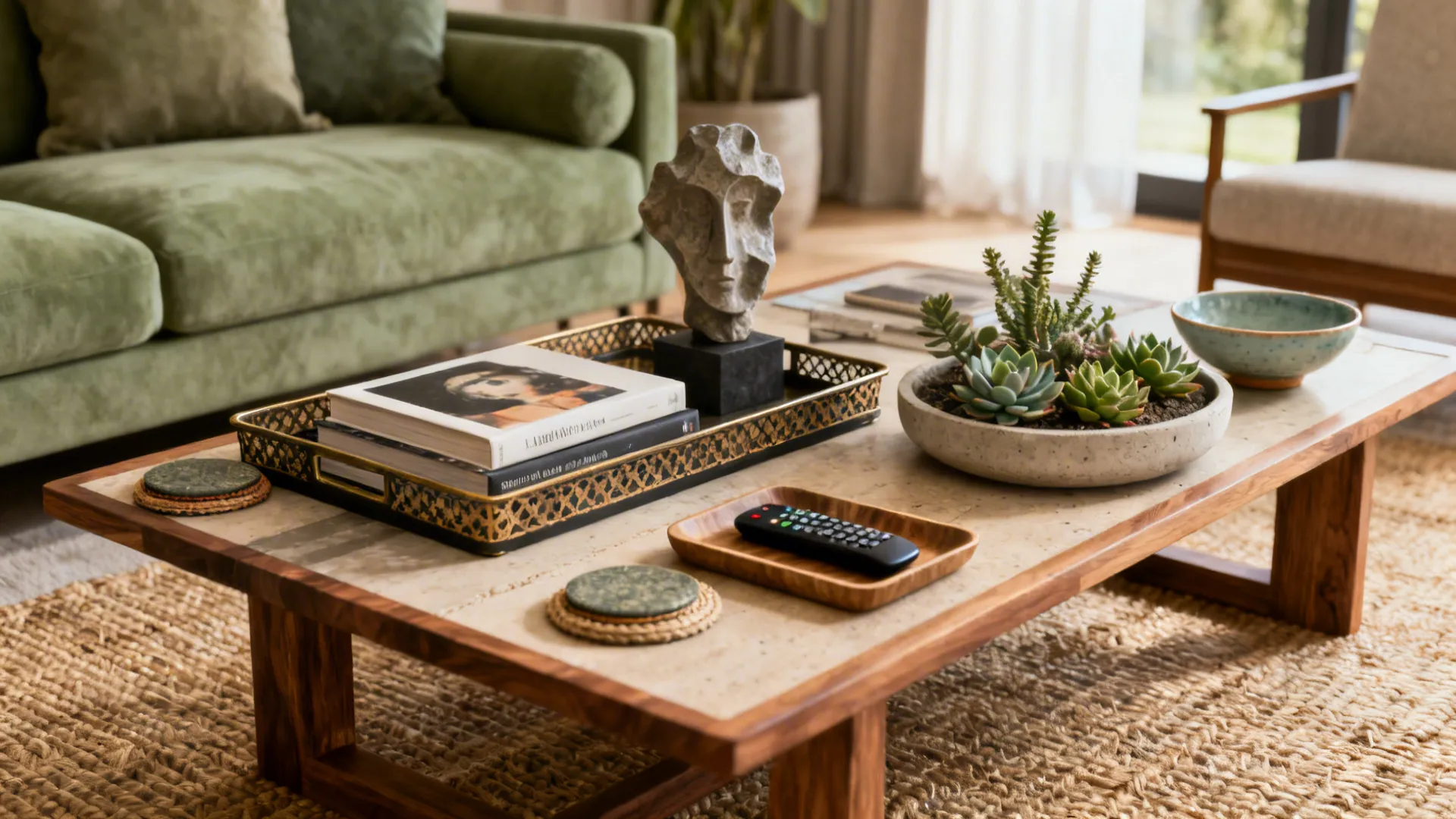 Wooden coffee table featuring a tray with books stone sculpture green succulents and remote control