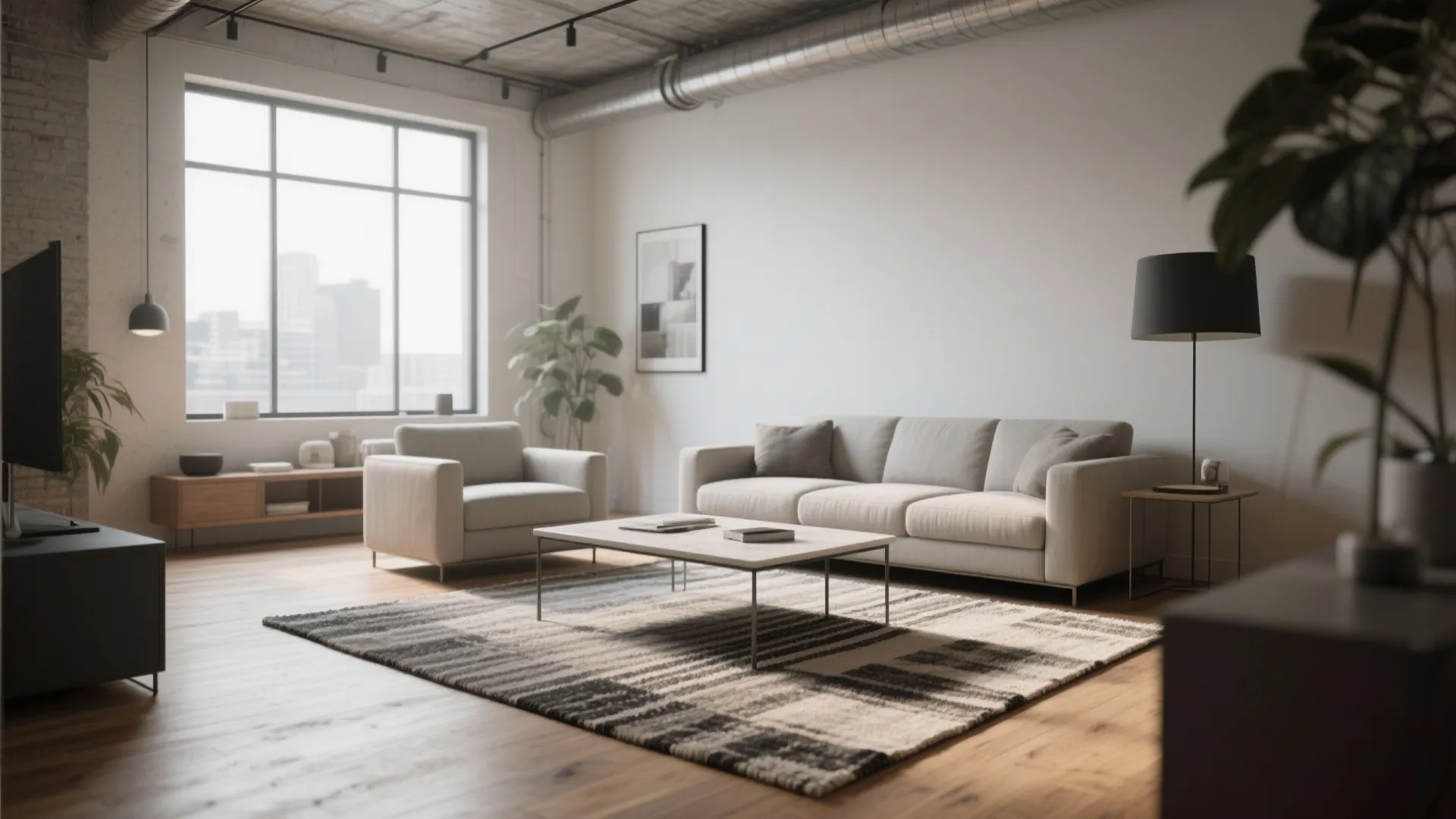 Industrial living room with grey sofa and armchair on striped rug with large city window