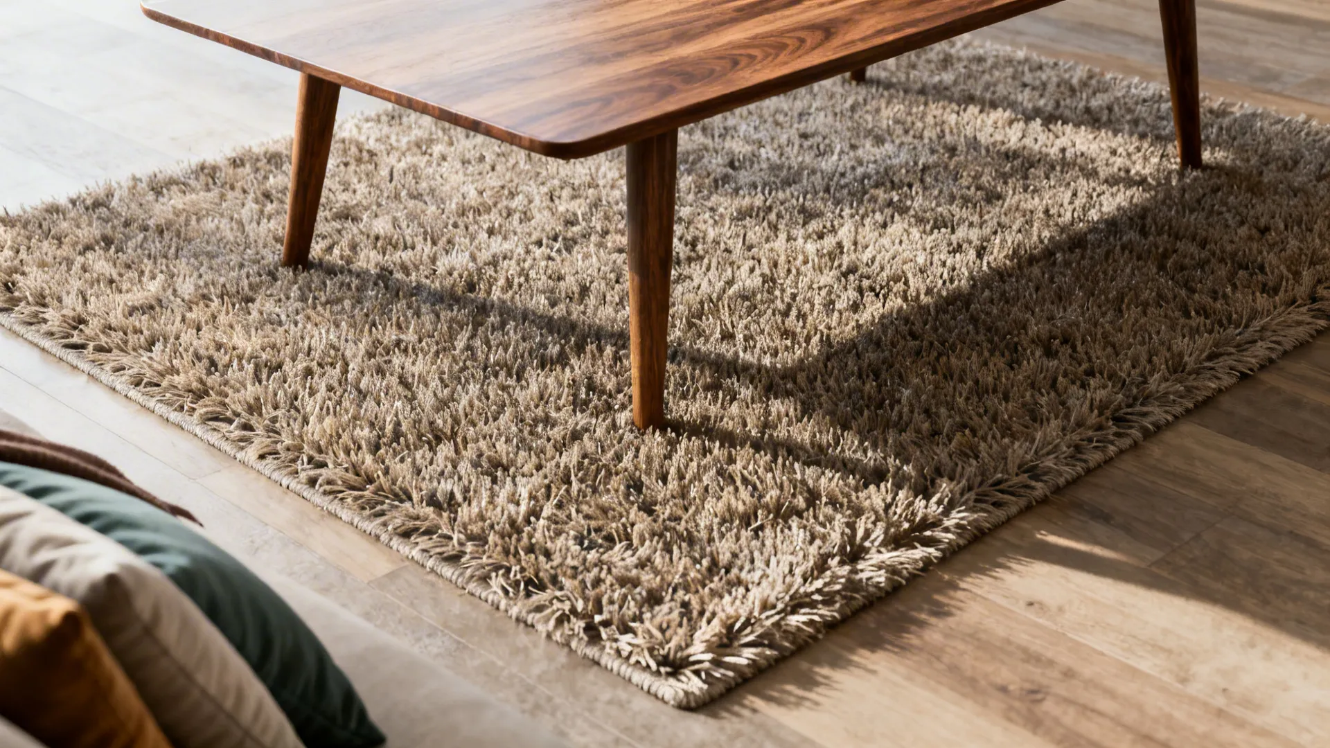 Close-up of a coffee table centered on a 5x7 rug highlighting texture and protection of the floor.