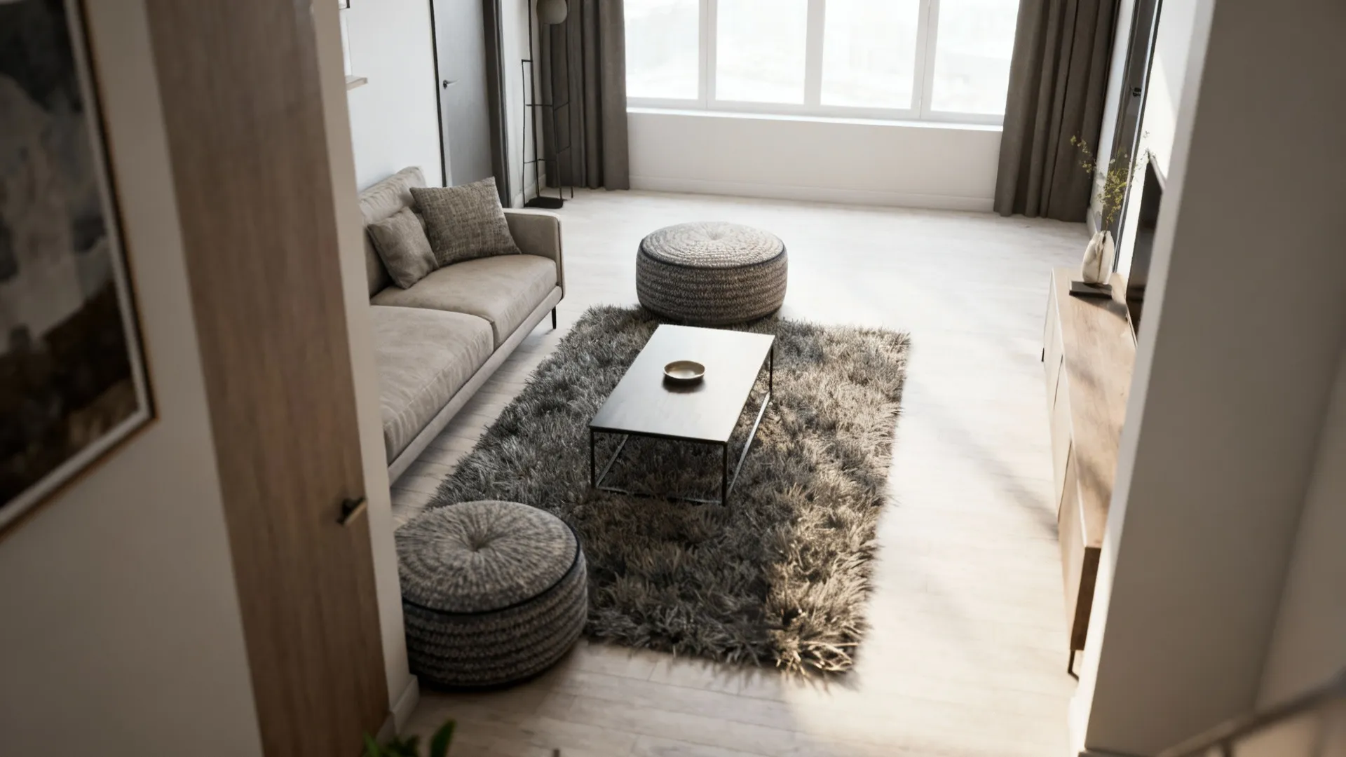 Small living room with a small rug under the coffee table, keeping clear circulation paths.