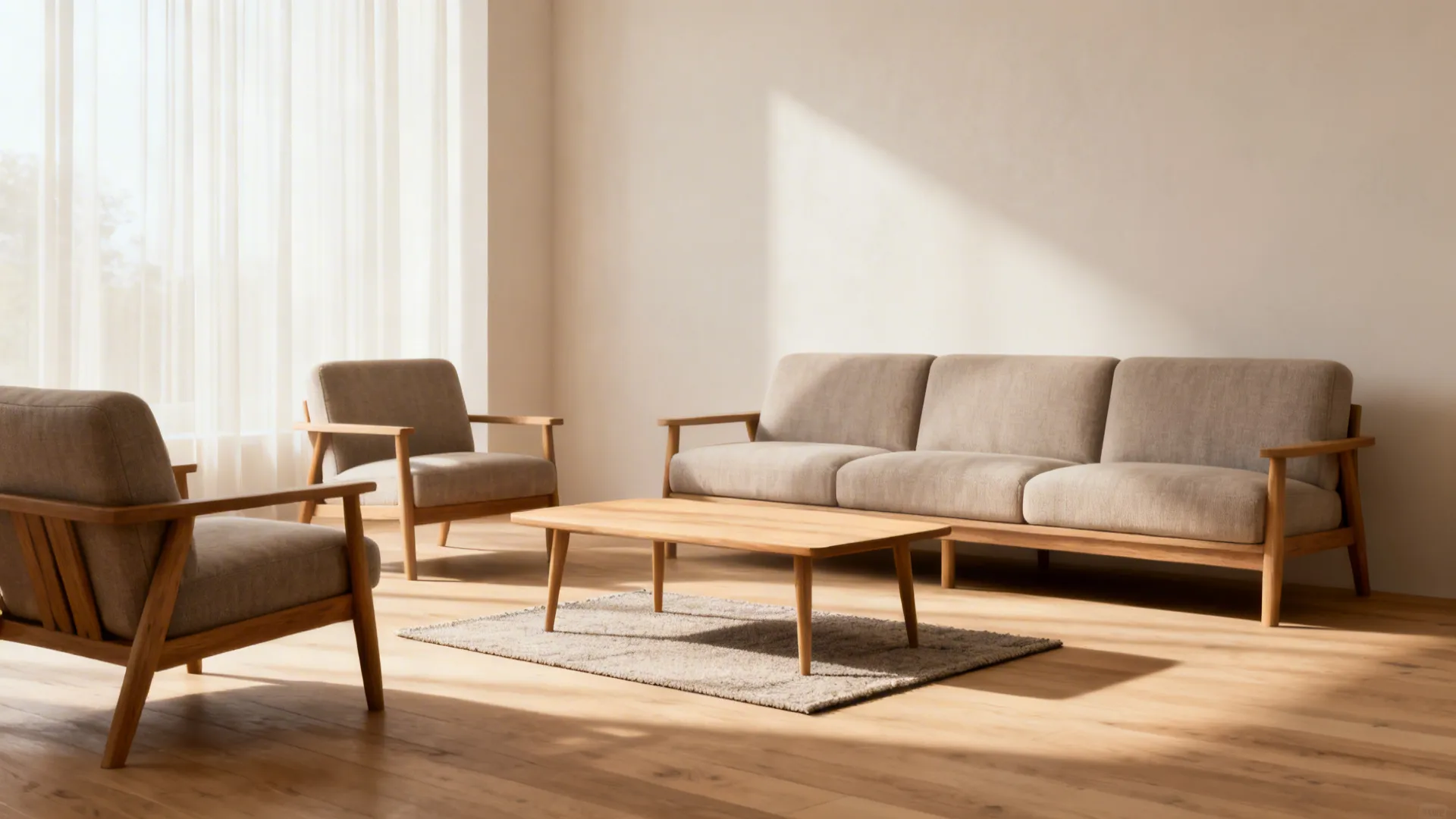 Minimal lounge with a small rug under the coffee table preserving an airy Scandinavian look