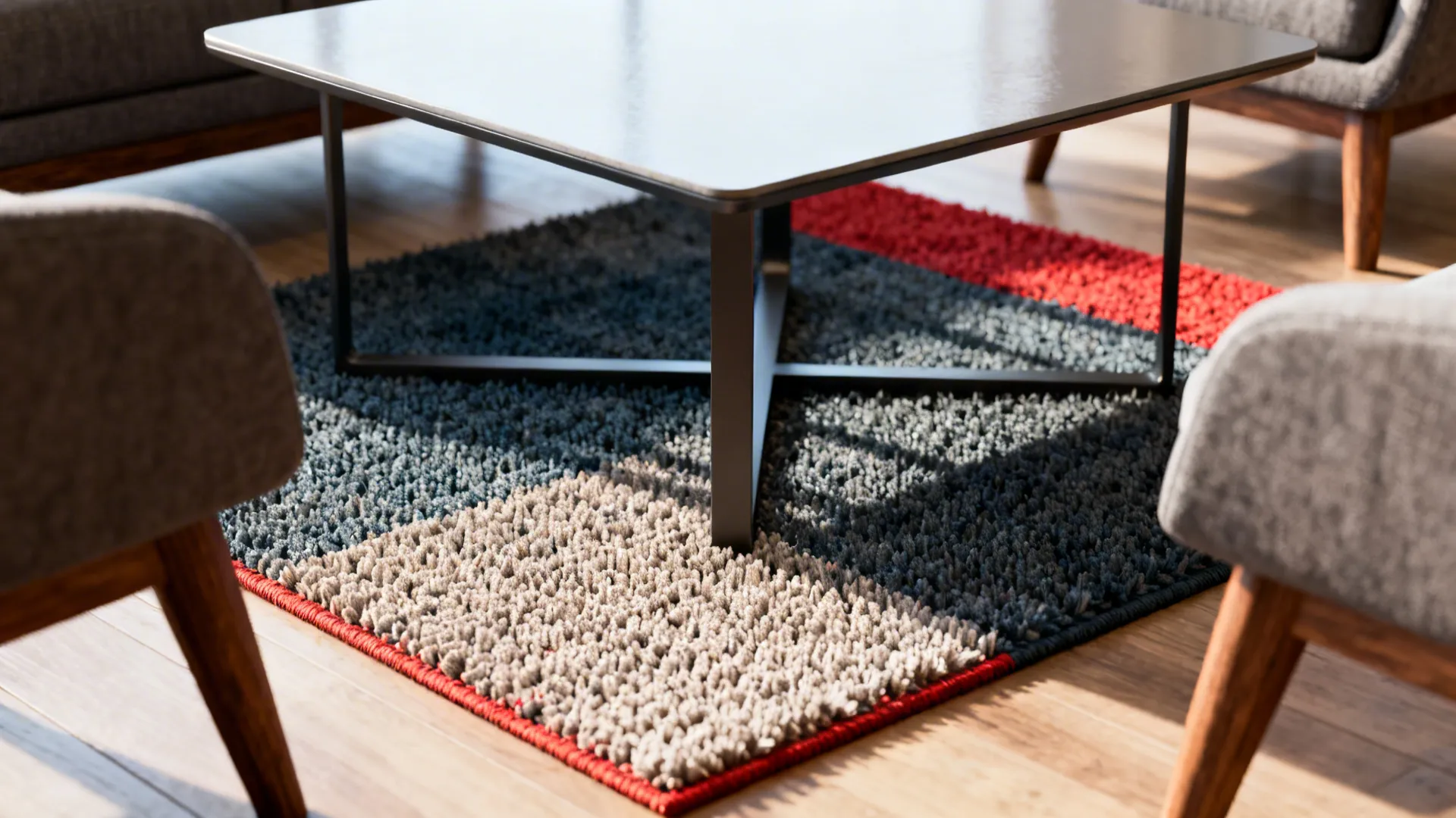 Close-up of a small rug placed under just the coffee table adding texture and color.